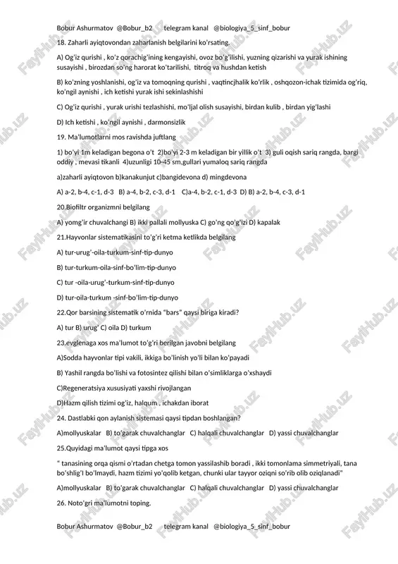 i tinchlantiradi 4) bo’yi 30-60 sm keladigan ko’p yillik 5) organizmdan mikroblarni chiqarib yuborishda ishtirok etadi 6) bosh og’rig’i yo’qoladi, nafas qisishida foydalananiladi 7) balg’amni ko’chiradi , nafas yo’li kasalliklarining oldini oladi 8) organizmni quvvatlaydi, immunitetni oshiradi 9) uxlatuvchi ta’sirga ega 10) kataraktani davolashda ishlatiladi 11)tish og’rig’i, milk yallig’lanishini davolashda ishlatiladi a) 11,7,1 b) 10,9,4 c) 2,8,5 d) 3,5,11 13. na’matakka xos bo’lgan xususiyatlarni belgilang. 1)ildizpoyali o’simlik 2) tarkibida c vitamini qonni suyultiradi 3) tarkibida mentol va efir moylari bo’lib , asabni tinchlantiradi 4) bo’yi 30-60 sm keladigan ko’p yillik 5) organizmdan mikroblarni chiqarib yuborishda ishtirok etadi 6) bosh og’rig’i yo’qoladi, nafas qisishida foydalananiladi 7) balg’amni ko’chiradi , nafas yo’li kasalliklarining oldini oladi 8) organizmni quvvatlaydi, immunitetni oshiradi 9) uxlatuvchi ta’sirga ega 10) kataraktani davolashda ishlatiladi 11)tish og’rig’i, milk yallig’lanishini davolashda ishlatiladi a) 11,7,1 b) 10,9,4 c) 2,8,5 d) 3,5,11 14. isiriqqa xos bo’lgan xususiyatlarni belgilang. 1)ildizpoyali o’simlik 2) tarkibida …