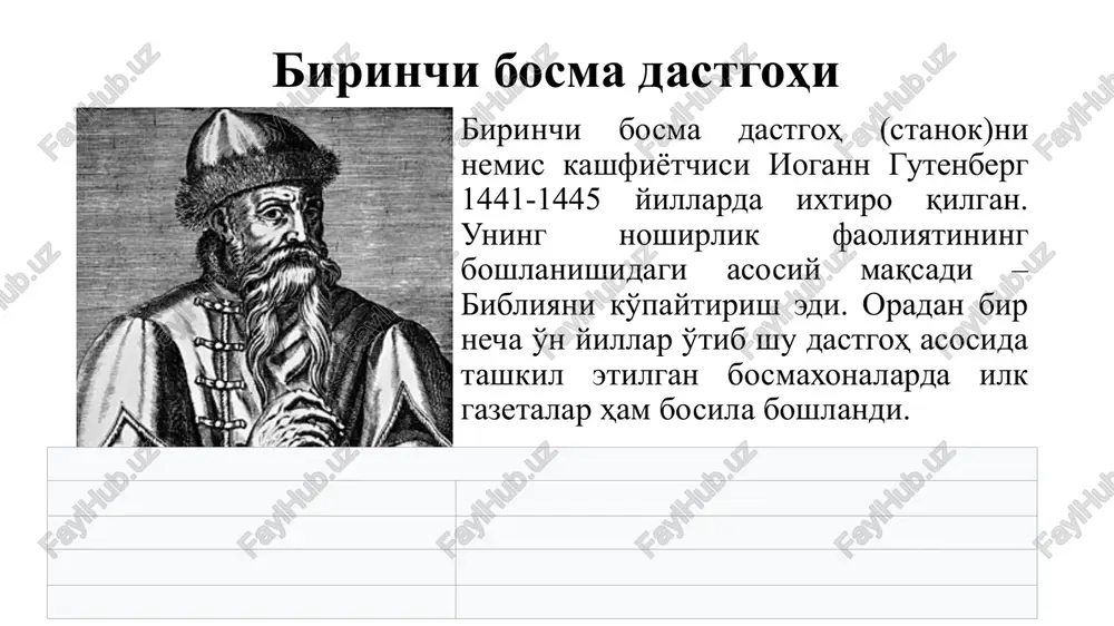 rlash tsexida yuqori bosma usuliga — harf terish, stsenografiya va quyma stereotiplar; ofset usuliga — qolip va monometall (alyuminiy, rux), bimetall va trimetall (masalan: po'lat, mis, xrom); chuqur bosmaga — mis yoki xromlangan qoliplar tayyorlaydi. o'zbekiston mustaqillikka erishgandan so'ng bosmaxonalar tubdan qayta jihozlandi. bosmaxonalarda matn va rasmlar zamonaviy kompyuterlarda terilmoqda va chop etilmoqda. chop etish jarayonida adadining kam-ko'pligiga qarab yuqori tezliqda ishlaydigan g'altak (rotatsiya) hamda tekis bosma, bir va ko'p rangli bosma mashinalar ishlatilmoqda. pardozlash tsexida ham adadining kam-ko'pligiga qarab yakka stanoklar yoki katta agregatlar, potok liniyalar qo'llanilmoqda. 19 so'z erkinligi tarixiga nazar insoniyat dunyoqarashining kengayishida ommaviy axborot vositalari, xususan, matbuotning o'rni beqiyosdir. matbuot tarixiga e'tibor qaratadigan bo'lsak, u orqali insonlar dunyo yangiliklarini bilib turishgan. turli davrlarda matbuotdan keyin oavning radio, televidenie kabi turlari, ayniqsa, internet paydo bo'lgach, insoniyat ongi va dunyoqarashi tubdan o'zgardi. ulardan to'g'ri foydalanish va axborotlarni tahlil qilish esa kishidan mustaqil fikr, bilim va tafakkurni talab etdi. …