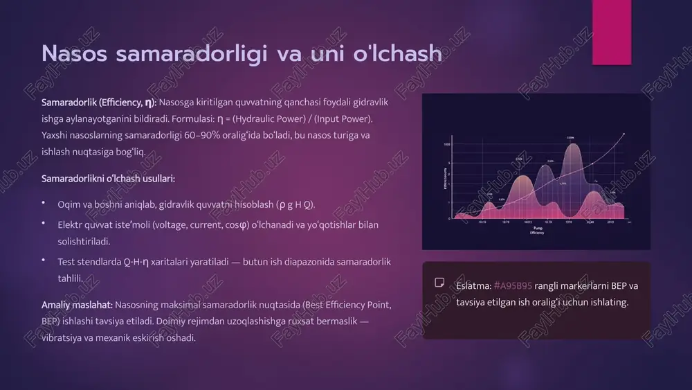 abraziv yoki abraziv bo‘lmagan bo‘lishi, korroziya xavfi, texnik xizmat imkoniyati va xarajatlar. 8 texnik ko'rsatkichlarning amaliy qo'llanilishi (misollar) quyida real muhandislik vaziyatlari uchun misollar va hisoblash ketma-ketligi keltirilgan: misol 1: suv ta'minoti nasosi talab: shaharcha suvi uchun 500 m3/soat, tizim bosimi 40 m. hisob: kerakli quvvatni hisoblash — ρ=1000 kg/m3, g=9.81, h=40 m, q=0.1389 m3/s. gidravlik quvvat ≈ ρ g h q; keyin samaradorlikni hisoblab motor quvvatini tanlang. misol 2: neft-gaz yuqori bosimli nasos talab: viskozlik yuqori, qattiq fazalar mavjud. tanlov: musbat displacmentli nasos yoki sarvondan himoyalangan skrup nasos; material uchun yuqori sifatli po‘lat va maxsus muhrlar. misol 3: kimyo sanoatidagi korroziv suyuqlik talab: kislotali suyuqlik, no-lek. tanlov: paslanmaydigan po‘lat yoki polymer-lined nasos, diafragma muhrli variant — sızıntı xavfini minimal qilish. har bir misolda npsha va npshr tekshiriladi, bep-ga yaqin ishlash tekshiriladi va favqulodda holatlarda alternativ ishlash rejimlari rejalashtiriladi. ishlab chiqaruvchi maʼlumotnomasi va sinov sertifikatlari asosida yakuniy tanlov amalga oshiriladi. …