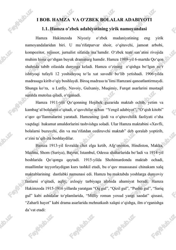 ktab ochadi, muallimlar tayyorlaydigan kurs tashkil etadi, bu o‘quv muassasasi chinakam xalq maktablarining dastlabki namunasi edi. hamza bu maktabda yoshlarga dunyoviy fanlarni o‘qitadi, aqliy, axloqiy tarbiyaga alohida ahamiyat beradi. hamza hakimzoda 1915-1916 yillarda yaratgan “oq gul”, “qizil gul”, “pushti gul”, “sariq gul” kabi ashulalar to‘plamlarida, “milliy roman yoxud yangi saodat” qissasi, “zaharli hayot” kabi drama asarlarida mehnatkash xalqni o‘qishga, ilm o‘rganishga da’vat etadi: kim bilurdi odamu olam nadur, hayvon nechuk bo‘lmas erdi agar insonda bu asor ilm. qaysi bir mavjuda boqsang bilmoqqa kayfiyatini, lozim o‘lg‘ay topmoqqa avval o‘qib axbor ilm. hamza “sadoi turkiston”gazetasida bosilgan bir she’rida “bir iloj qilib kambag‘al bolalarni aqchasiz... tarbiya va o‘quvga boshlarini band qilmoq...”choralarini izlaydi, she’r va maqollarida bolalarni o‘qishga chaqiradi. bu g‘oyani hamza “o‘qi” she’rida bayon etadi: ko‘zimizga ko‘rinib turgan hamma asboblar hech biri bo‘lmas edi, gar bo‘lmasa, zinhor o‘quv. yer yuzida ko‘milib yotgan hamma oltin, kumush yuzag‘a chiqdi bari, bis anga axbor, o‘quv... gar …