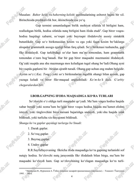 b.gapning ifoda maqsadiga ko‘ra turlari so‘zlovchi o‘z oldiga turli maqsadni qo‘yadi. ma’lum voqea hodisa haqida xabar beradi yoki noma’lum bo‘lgan biror voqea hodisa haqida ma’lumot olishni istaydi, yoki tinglovchini biror narsani bajarishga undaydi, yoki shu haqida istak bildiradi, yoki turlicha xis-hayajonni bildiradi. shunga ko‘ra gaplar quyidagi turlarga bo‘linadi: 1. darak gaplar. 2. so‘roq gaplar. 3. buyruq gaplar. 4. undov gaplar r.r.sayfullayevaning fikricha ifoda maqsadiga ko‘ra gapning turlanishi sof nutqiy hodisa. so‘zlovchi nutq jarayonida fikr ifodalash bilan birga, ma’lum bir maqsadni ko‘zlaydi ham. gap so‘zlovchining ko‘zlagan maqsadiga ko‘ra turli-tuman: 1) darak gap: uzoqdagi zalvorli tog‘lar xayolimni keldilar bosib. (a.orip.); 2)so‘roq gap: sen bahorni sog‘inmadingmi. (a.orip.); 3) buyruq gap: meni kutgil. (k.s.). ammo bu turlar orasiga keskin chegara qo‘yib bo‘lmaydi. bir tur ikkinchi tur vazifasini bajaraverishi mumkin. deylik, shaklan darak gap so‘roq mazmunini, so‘roq gap esa darak mazmunini ifodalashi mumkin. misollar: 1.onani kim sevmaydi? (shaklan so‘roq, mazmunan darak.) 2. dasturxonga qaramaysizmi? (shaklan …
