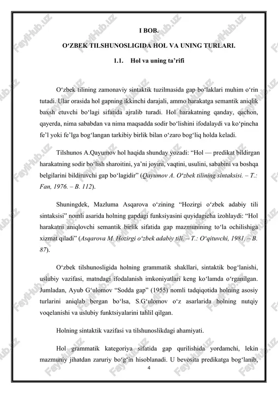 hini isbotlaydi. 1.2. holning turlari haqida ma’lumot ish-harakatning qaytarzda bajarilishini, sabab yoki maqsadini, uning bajariishi bilan bogʻliq bolgan oʻrin va paytni bildiruvchi gap boʻlagi hol deyiladi. hollar qanday?, qanday qilib?, qay tarzda?, qachon?, qachongacha?, qayerda?, qayerdan?, qancha?, nima maqsadda? kabi soʻroqlaridan biriga javob beradi. hol ravish, ravishdosh, joʻnalish, chiqish, oʻrin kelishigidagi ot yoki koʻmakchili ishlatilgan ot bilan, shuningdek, taqlid soʻz, son bilan ifodalanadi. ravish asosan, hol vazifasida keluvchi soʻz turkumidir. gapda asosan hol vazifasida qoʻllanish ravishdosh uchun ham xosdir. masalan: gʻulomjon qishloqda boʻlgan voqealarni oqizmay-tomizmay soʻzlab berdi.(m.i). ot joʻnalish, chiqish, oʻrin kelishigida kelib yoki koʻmakchi bilan ishlatilib, gapda hol boʻlib keladi. bunda oʻrin, payt, sabab, maqsad, miqdor kabi ma’nolar ifodalanadi. masalan: mashina kichik kocha bilan adir tomonga joʻnadi. (i.r). botir endi ikki quloq boʻlgan gʻoʻzalar orasidan borar edi. (s.n). harakat nomi hol boʻlib kelganda, u ham ot kabi shakllanadi. masalan: jamoa boshqaruvi raisi brigadalarga yana besh sentiner oshirmoq uchun shart …