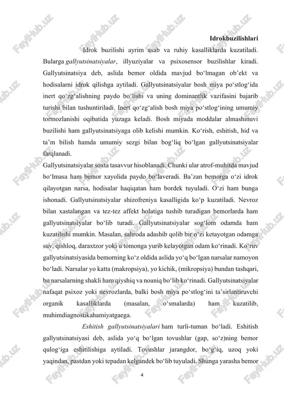rning ko‘z oldida aslida yo‘q bo‘lgan narsalar namoyon bo‘ladi. narsalar yo katta (makropsiya), yo kichik, (mikropsiya) bundan tashqari, bu narsalarning shakli ham qiyshiq va noaniq bo‘lib ko‘rinadi. gallyutsinatsiyalar nafaqat psixoz yoki nevrozlarda, balki bosh miya po‘stlog‘ini ta’sirlantiruvchi organik kasalliklarda (masalan, o‘smalarda) ham kuzatilib, muhimdiagnostikahamiyatgaega. eshitish gallyutsinatsiyalari ham turli-tuman bo‘ladi. eshitish gallyutsinatsiyasi deb, aslida yo‘q bo‘lgan tovushlar (gap, so‘z)ning bemor qulog‘iga eshitilishiga aytiladi. tovushlar jarangdor, bo‘g‘iq, uzoq yoki yaqindan, pastdan yoki tepadan kelgandek bo‘lib tuyuladi. shunga yarasha bemor boshini tovush kelgan tomonga buradi yoki yurib boradi. verbal gallyutsinatsiyalar, ayniqsa, bemor uchun xavflidir. har tomondan keluvchi ovozlar bemorga tahdid soluvchi, buyruq beruvchi tarzda bo‘lib, bemorni yurib borayotgan avtomobil tagiga tashlashni, tomdan sakrashni, o‘ziga yoki birovga pichoq sanchishni, sevimli farzandini o‘ldirishni buyuradi. bular imperativ gallyutsinatsiyalardir. bunday ovozlar hadeb takrorlanaversa, bemor uni bajarib qo‘yishi mumkin. bu ovozlar tanish yoki notanish odamning, ayol yoki erkak kishining ovozi sifatida namoyon bo‘ladi. ovozlar bir marta paydo bo‘lib, …