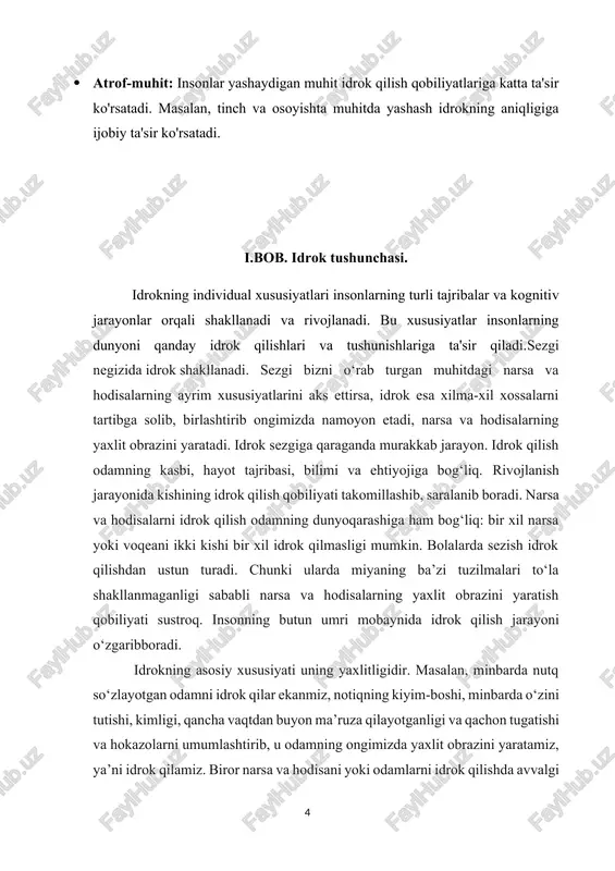 m deb ataladi. bastakorlarda esa eshituv tasavvuri yaxshi rivojlangan bo‘ladi. xuddi shu qobiliyat bax va motsartda o‘ta kuchli bo‘lgan. [1: qoziyev e.q., mametov k.k. "kasb psixologiyasi"] idrokbuzilishlari idrok buzilishi ayrim asab va ruhiy kasalliklarda kuzatiladi. bularga gallyutsinatsiyalar, illyuziyalar va psixosensor buzilishlar kiradi. gallyutsinatsiya deb, aslida bemor oldida mavjud bo‘lmagan ob’ekt va hodisalarni idrok qilishga aytiladi. gallyutsinatsiyalar bosh miya po‘stlog‘ida inert qo‘zg‘alishning paydo bo‘lishi va uning dominantlik vazifasini bajarib turishi bilan tushuntiriladi. inert qo‘zg‘alish bosh miya po‘stlog‘ining umumiy tormozlanishi oqibatida yuzaga keladi. bosh miyada moddalar almashinuvi buzilishi ham gallyutsinatsiyaga olib kelishi mumkin. ko‘rish, eshitish, hid va ta’m bilish hamda umumiy sezgi bilan bog‘liq bo‘lgan gallyutsinatsiyalar farqlanadi. gallyutsinatsiyalar soxta tasavvur hisoblanadi. chunki ular atrof-muhitda mavjud bo‘lmasa ham bemor xayolida paydo bo‘laveradi. ba’zan bemorga o‘zi idrok qilayotgan narsa, hodisalar haqiqatan ham bordek tuyuladi. o‘zi ham bunga ishonadi. gallyutsinatsiyalar shizofreniya kasalligida ko‘p kuzatiladi. nevroz bilan xastalangan va tez-tez affekt holatiga tushib turadigan bemorlarda ham …