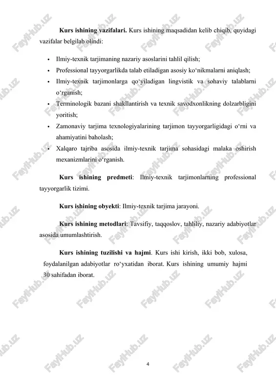 xnik tarjimada professional tayyorgarlikning mohiyati 1.1. ilmiy-texnik tarjimada professional tayyorgarlikning nazariy ahamiyati ilmiy-texnik tarjima tarjima nazariyasining alohida bir sohasi bo‘lib, u faqat lingvistik bilimlar emas, balki texnik, ilmiy va kasbiy bilimlarni ham o‘z ichiga oladi. bunday tarjima matnlari yuqori aniqlik, obyektivlik, terminlarning standartlashtirilganligi va lo‘ndaligi bilan ajralib turadi. tarjimon bu yerda nafaqat til vositasida ma’lumotni yetkazadi, balki u muayyan texnik yoki ilmiy tushunchalarni boshqa madaniyatdagi mutaxassislar uchun moslashtiradi. demak, bu jarayonda tarjimonning roli oddiy vositachidan ko‘ra kengroq — u axborotni kodlash va dekodlashda faol intellektual ishtirokchi sifatida namoyon bo‘ladi. har qanday tarjimon har xil matnlarni tarjima qila olmaydi. ilmiy yoki texnik matnlar (masalan, darsliklar, maqolalar, texnik ko‘rsatmalar, dorilar yaroqlilik hujjatlari, muhandislik hujjatlari) maxsus terminlar va aniq ifodalarni o‘z ichiga oladi. ularni noto‘g‘ri tarjima qilish — katta xatoliklarga sabab bo‘lishi mumkin (masalan, dorini noto‘g‘ri qo‘llash, texnik qurilmaning noto‘g‘ri ishlashi va hokazo). shuning uchun ilmiy-texnik tarjimonlar oddiy tarjimonlardan farqli ravishda: maxsus soha …
