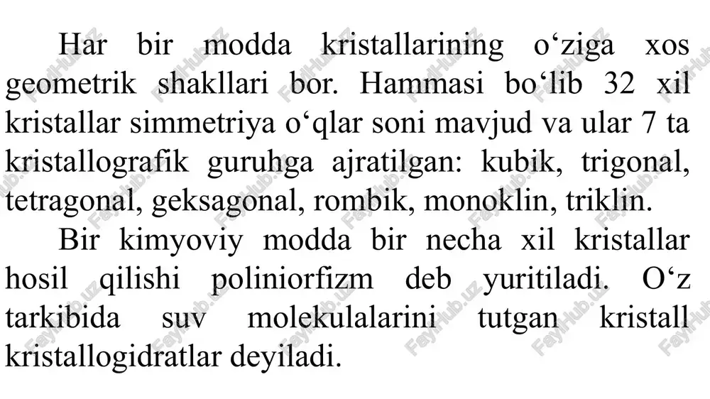 ssiqlik eltkich yordamida bug‘latib kristallash. bu usulda erituvchining bir qismi eritma ustida harakatlanayotgan havo yordamida bug‘lanadi va eritma sovutiladi. fraksiyali kristallash. agar eritma tarkibida ajratiladigan moddalar bir nechta bo‘lsa, uni fraksiyali kristallash usulida qayta ishlanadi. bu usulda eritma temperatura va konsentratsiyasini o‘zgartirish yo‘li bilan kristallar ketma - ket cho‘ktiriladi va ajratib olinadi. kristallizatorlar konstruksiyalari ishlash prinsipiga qarab kristallizatorlar davriy va uzluksiz qurilmalarga bo‘linadi. uzluksiz ishlaydigan qurilmalar o‘z navbatida erituvchining bir qismini bug‘latuvchi va eritmani sovutuvchi kristallizatorlarga ajraladi. undan tashqari, mavhum qaynash qatlamli kristallizatorlar ham bo‘ladi. tabiiy sirkulatsiyali, davriy ishlaydigan, osma isituvchi kamerali vakuum kristallizator tasvirlangan. isituvchi kamera konussimon teshikli panjara va trubalar o‘ramidan tarkib topgan. trubalar ushbu panjaraga razvalsovka usulida mahkamlangan. isituvchi kameraning o‘qi bo‘ylab sirkulatsion truba joylantirilgan. qurilma qobig‘i va isituvchi kamera orasida halqasimon bo‘shliq bo‘lib, unda utfel sirkulatsiya qiladi. qurilmada temperaturalar farqi tufayli chiziqli uzayishlar paydo bo‘ladi. shu sababli, bug‘ni uzatish uchun temperatura deformatsiyalarini kompen- satsiya qiluvchi maxsus …