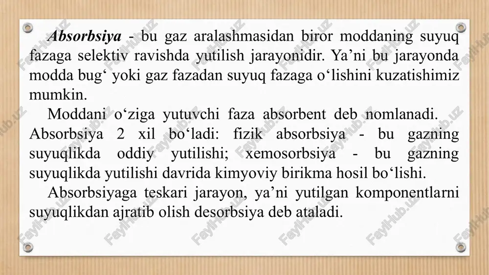 uvozanat paytidagi fazalar konsentratsiyalarining nisbati tarqalish koeffitsiyenti m deb nomlanadi. bo‘ladi. tarqalish koeffitsiyentining qiymati ko‘pincha o‘zgarmas bo‘lib, muvozanat chizig‘ining qiyalik burchagi tangensiga tengdir. turli - tuman massa almashinish jarayonlariga oid qonunlaming aniq turlari tegishli boblarda ko‘rib chiqiladi. muvozanat bog‘liqliklar jarayon yo‘nalishi bilan birga, bir fazadan ikkinchisiga tarqaluvchi modda o‘tish tezligini ham aniqlash imkonini beradi. muvozanat va haqiqiy konsentratsiyalar orasidagi farq massa almashinish jarayonlarini harakatga keltiruvchi kuchi deb hisoblanadi. massa almashinish jarayonlarining tezlik koeffitsiyenti va harakatga keltiruvchi kuchini hisoblash massa o‘tkazish kinetikasining asosiy masalasidir. massa o‘tkazishning asosiy tenglamasi kinetikaning umumiy tenglamasidan keltirib chiqarilishi mumkin. ushbu tenglamaga binoan, massa almashinish jarayonlarining tezligi harakatga keltiruvchi kuchga to'g'ri va jarayon diffuzion qarshiligiga teskari proporsionaldir. massa o‘tkazish jarayonining asosiy tenglamasi deb nomlanadi. ushbu tenglamaga binoan, bir faza yadrosidan ikkinchi faza yadrosiga uzatilgan massa miqdori fazalar yadrosidagi konsentratsiyalar farqi, ajratib turuvchi yuza va jarayon davomiyligiga to‘g‘ri proporsionaldir. massa o‘tkazish jarayonlari bir necha massa almashinish yo‘li bilan …