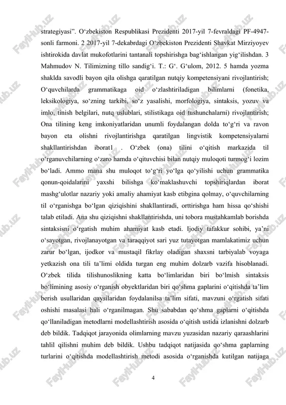 voyaga yetkazish ona tili ta’limi oldida turgan eng muhim dolzarb vazifa hisoblanadi. o‘zbek tilida tilishunoslikning katta bo‘limlaridan biri bo‘lmish sintaksis bo‘limining asosiy o‘rganish obyektlaridan biri qo‘shma gaplarini o‘qitishda ta’lim berish usullaridan qaysilaridan foydalanilsa ta’lim sifati, mavzuni o‘rgatish sifati oshishi masalasi hali o‘rganilmagan. shu sababdan qo‘shma gaplarni o‘qitishda qo‘llaniladigan metodlarni modellashtirish asosida o‘qitish ustida izlanishni dolzarb deb bildik. tadqiqot jarayonida olimlarning mavzu yuzasidan nazariy qaraashlarini tahlil qilishni muhim deb bildik. ushbu tadqiqot natijasida qo‘shma gaplarning turlarini o‘qitishda modellashtirish metodi asosida o‘rganishda kutilgan natijaga erishishning eng samarali usullari tavsiya etilishi, ta’lim berish sifatiga alohida e’tibor berish kerak. ta’limning samaradorligi, birinchidan, voizning bilimiga, pedagogik mahoratiga bog’liq bo’lsa, ikkinchidan, bu, o’quv jarayonining qanday tashkil qilinganligi, o’quv moddiy texnik bazasining qay darajada yaratilganligi – o’quv qurollar: darslik, qo’llanma, dastur va har xil ko’rgazmalarning muhayyoligiga bog’liq. lekin respublikamizning ko’pgina joylarida o’qitishning mana shu vositalari zamon talabi darajasida ekanligi ilmiy jamoatchilikka ma’lum. bu kamchiliklar ro’kach qilinib, hozir …