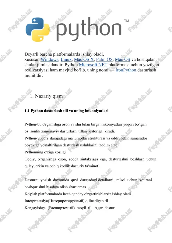 ce (sun'iy intellekt) va data science (ulkan ma'lumotlar bilan ishlash) sohalarining tili hisoblanadi. bugungi kunda keng ommalashib borayotgan sun'iy intellekt asosida ishlovchi dasturlarning aksari pythonda yozilgan. bu sohalardagi mutaxassislar bugungi kunda eng noyob va qimmatbaho kadrlar hisoblanadi. 5. keng qamrovli va universal til. python dasturlari deyarli barcha operativ tizimlarda va platformalarda ishlaydi. 6. o'rganish uchun ham, tushunish uchun ham juda qulay va sodda kod. 7. moslashuvchanlik —python dasturlash tili ma'lum bir masalalarni yechish bilan chegaralanmagan. bu til dasturchilarga yangi va yangi yo'nalishlarga ki'rish imkonini beradi. python quyidagi sohalarda qo'llaniladi: web va internet dasturlash, kompyuter o'yinlarini yaratish, ma'lumotlar bazasi bilan ishlash (db), computer vision, foydalanuvchilar uchun grafik interfeys (gui), juda tez rivojlanayotgan buyumlar interneti (iot) texnologiyasi va hokazo. 2.1 “ingliz va o’zbek” tilining lug’atini yaratish dasturimiz uchun avvalo bizga “ingliz va o’zbek” lug’ati kerak .ular orqali lug’at yaratamiz. dastlab, dasturimizning code qismiga “ingliz – o’zbek” lug’atini kiritib olamiz tarjimasi nomli o’zgaruvchiga …