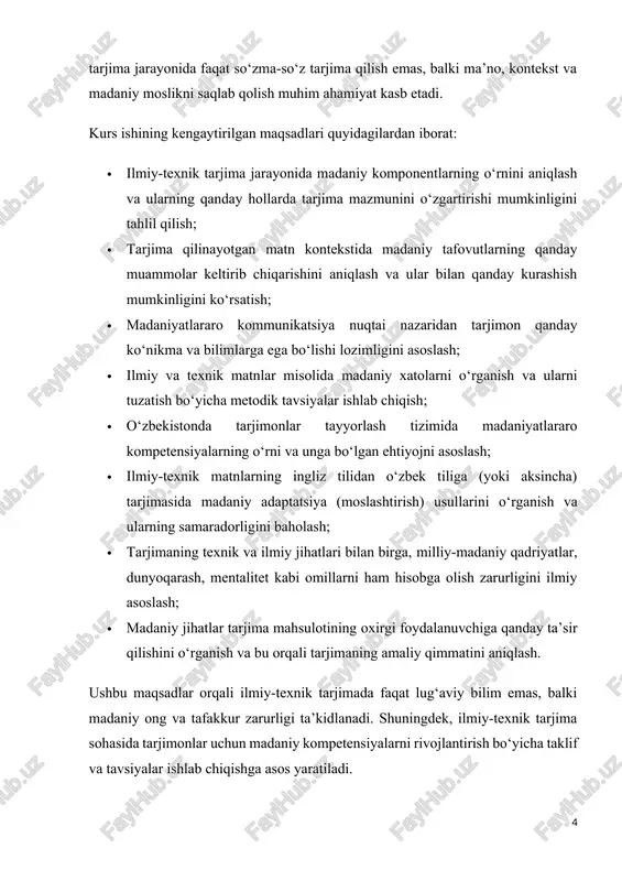 dek, ilmiy-texnik tarjima sohasida tarjimonlar uchun madaniy kompetensiyalarni rivojlantirish bo‘yicha taklif va tavsiyalar ishlab chiqishga asos yaratiladi. kurs ishining predmeti va obyekti: ushbu kurs ishining predmeti — ilmiy-texnik matnlarni tarjima qilish jarayonida yuzaga keladigan madaniy jihatlar, ularning tarjima sifatiga bo‘lgan ta’siri va madaniy tafovutlarni bartaraf etish strategiyalaridir. kurs ishining obyekti — ingliz va o‘zbek tillaridagi ilmiy-texnik matnlar, ularning tarjima jarayonida qo‘llaniladigan metodlar, tarjimon faoliyati hamda madaniy moslashtirish jarayonlaridir. bu matnlar quyidagilarni o‘z ichiga olishi mumkin: · ilmiy maqolalar · texnik ko‘rsatmalar · dasturiy ta’minot hujjatlari · texnik patentlar · tibbiyot hujjatlari va boshqa sohaga oid ilmiy-texnik hujjatlar. i bob. ilmiy-texnik matnlarda madaniy jihatlarni aks ettirish strategiyalari. 1.1 moslashtirish usullari: madaniy ekvivalentlar, izohli tarjima, qo'shimcha tushuntirish. ilmiy-texnik tarjimada madaniy jihatlarni to‘g‘ri aks ettirish uchun turli strategiyalar va usullar qo‘llaniladi. ularning asosiy vazifasi — manba tilidagi madaniy kodlar, atamalar va tushunchalarni maqsad tilida aniq va tushunarli tarzda etkazishdan iborat. tarjima jarayonida yuzaga …