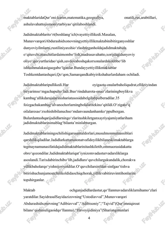 amolarham qo‘shildilar. jadidmaktablariningjamisonivaularqayerlardaochilibfaoliyat yuritganligihaqidahozirchato‘lama’lumotyo‘q.lekin1903yildabirgina toshkentda20ta(shundan2tasio‘rta),jadidmaktablaribo‘lgan.ma’lumki, 1909yildankeyinjadidmaktablariqattiqnazoratostigaolinadi,arzimas bahonalarbilanyopiladi.ulardao‘qitiladiganadabiyotvadarsliklar “oxranka”ningdiqqatmarkazidabo‘ladi.jadidmaktablaribuxoro, samarqand, toshkent,andijon,xiva,to‘qmoq,yangimarg‘ilon,yeski marg‘ilon,kattaqo‘rg‘on,qizilo‘rda,turkiston,chust,chorjo‘y,termiz,marv shaharlaridaochiladi.shuningdek,juma(samarqandviloyati),qovunchi (toshkentviloyati),to‘raqo‘rg‘on(namanganviloyati),po‘stindo‘z(buxoro viloyati)kabikattaqishloqlardahamjadidmaktablariochilgan.jadid maktablarim.behbudiyningyozishicha,15-20yilichidajamikavkaz mamlakatlari,eron,hind,misr,hijozvaboshqajoylaridahamjoriybo‘ldilar. jadidchilikningasosiymaqsadlaridanbirimamlakatdazamonaviy (yevropacha)oliyta’limniyo‘lgaqo‘yishbo‘ldi.universitettashkiletish g‘oyasiturkistondailkbor1892yildaismoilbekgaspiralitomonidanolg‘a surildi.i.gaspirali1906-yilda,yana“tarjimon”gazetasidato‘g‘ridanto‘g‘ri buxoroamirivaxivaxonigamurojaatqilibshundaydeydi: “fuqoroyi islomsizlardanmolistamas,oshistamas.din-”qur’on”dan,jonxudodan.sizdavlatlikxonlardanaholigaehsonetiladigannarsa-nashri maorifga,taraqqiyotvakamolatgaomilbo‘luvchioliydarajalikmaorif maktablaridir.ko‘hnamadrasalariko‘pbuxoroisharifdavaxivadaendi birordorilfununiislomiyata’sisetmoqlozim.budorilfununlargabirdaraja ilmolgantalabaqabulqilinib,tarix,jo‘g‘rofiya,kimyo,handasa,ilmihuquq, usuliidorayidavlat,ilmi iqtisodvaboshqalozimfanlar,turkiy,forsiy,rusiy vafransaviytillaro‘rgatilsa...ushbudorilfununlardamuallimvamudarrislik qilaoladiganahlikamolbor” jadidlaroliyta’limningasosi-universitettashkiletishuchuntoshkent shahardumasidanhamfoydalandilar.munavvarqori,fitrat,m.behbudiy,u. asadullaxo‘jayevvaboshqajadidlarmilliydunyoviyoliyta’limg‘oyasinio‘z asarvamaqolalaridakengtarg‘ibot-tashviqotqiladilar.oliyta’lim