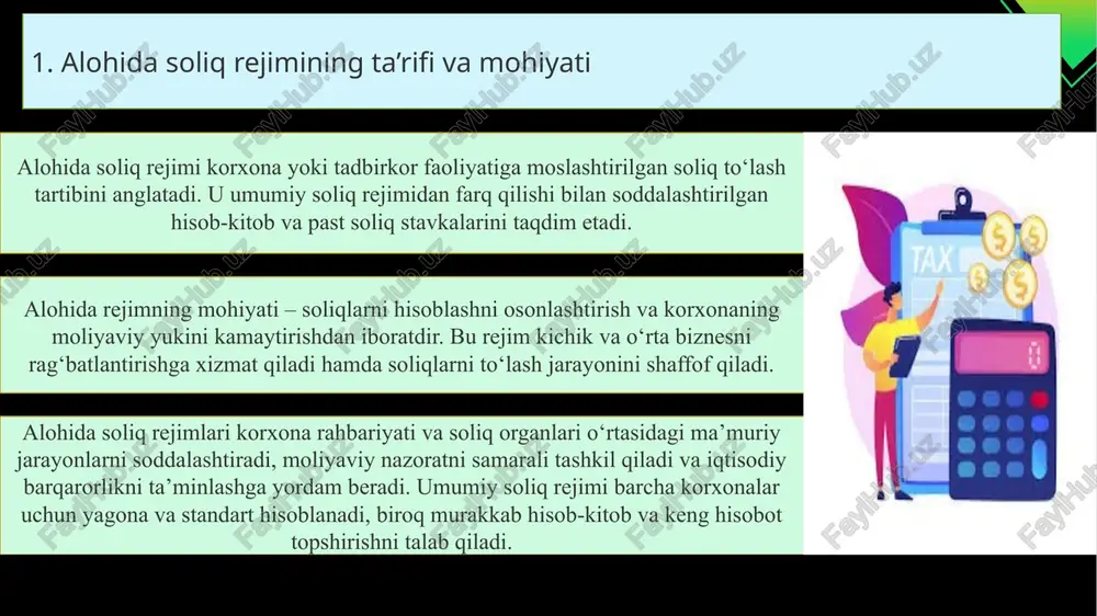 iladi. mikrofirmalar uchun maxsus soliq rejimlari korxona daromadiga mos soliq stavkalarini belgilaydi va soliqlarni oldindan aniqlash imkonini beradi. alohida rejimlar iqtisodiy samaradorlikni oshiradi, korxona daromadlarining barqarorligini ta’minlaydi va moliyaviy rejalashtirishni soddalashtiradi. izohlar va qo‘shimcha tushuntirishlar 1 soliq organlari alohida rejim foydalanuvchilarini muntazam nazorat qiladi, bu esa moliyaviy shaffoflikni oshiradi. 2 hisobot topshirish tartibi soddalashtirilganligi sababli tadbirkorlar moliyaviy hisobotlarni tez va aniq tayyorlay oladi. 3 alohida rejimlar orqali korxona o‘z faoliyatini kengaytirishga va yangi investitsiyalar jalb qilishga imkon topadi. e’tiboringiz uchun rahmat text click to add text image1.png image4.png image5.png image6.jpeg image7.png image8.png /docprops/thumbnail.jpeg