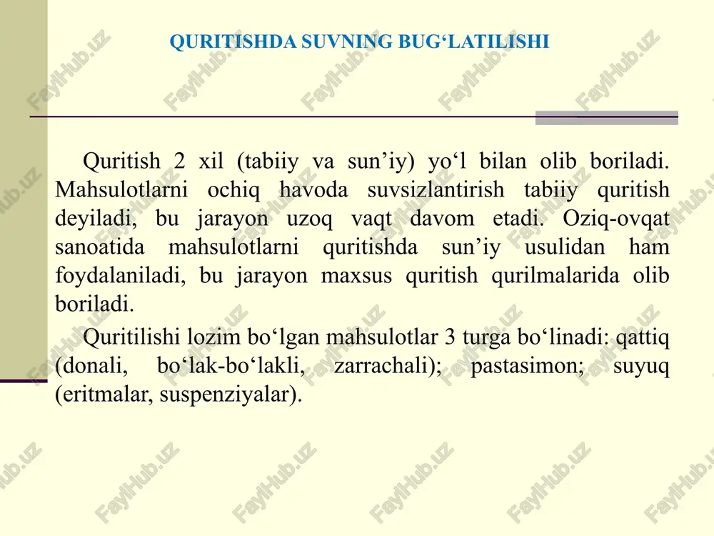 arishi bundan tashqari mahsulot sifati o‘zgaradi, ta’mi va hidi yo‘qoladi. ko‘p vitaminlar o‘z kuchini yo‘qotadi. eng asosiysi quritish davrida doimiy haroratda ushlab turishi kerak. haroratni ko‘tarilishi mahsulotning deformatsiyasiga olib keladi, mahsulot pishish jarayonini pasaytiradi. quritilgan meva va sabzavotlar yuqori sifati havoni harorati va quritish tezligiga asoslangan. quritish rejimi mahsulotlarni morfologik va o‘lchamlar sifatida bo‘lgan xossalariga qarashli, maydalanish darajasi, oldindan tayyorlash usuliga bog‘liq. asosan olma, nok, o‘rik, olxo‘ri, uzum, kartoshka, karam, sabzi, qizilcha, piyozni quritiladi, lekin boshqa mahsulotni quritsa ham bo‘ladi. xom-ashyo berilgan standartlarga javob berishi kerak va yuqori sifatli bulishi kerak. quritilgan meva va sabzavotlarni kimyoviy tarkibi va energetik quvvati mahsulot quruq modda uglevod n li moddalar energiya quvvati olma 88 63,4 2,4 1129,2 olxo‘ri 77 62,1 3,4 1125,4 mayiz 77 61,0 2,5 1090,7 o‘rik 87 68,6 3,2 1233,5 kartoshka 89 71,7 5,2 1322,4 sabzi 86 53,0 7,4 1037,4 piyoz 86 53,0 11,8 1113,3 ko‘k no‘xat 88 43,3 20,6 1096,5 …