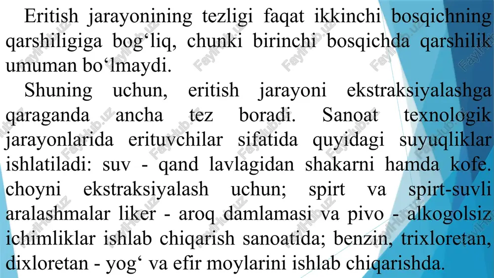 eritkich deb ataladi. ekstraktor va eritkichlarga qo‘yiladigan talablar quyidagilardan iborat: - qurilma hajmi birligiga to‘g‘ri kelgan ekstraktning miqdori, ya’ni solishtirma ish unumdorligi katta bo‘lishi zarur: hosil bo‘layotgan eritma konsentratsiyasi iloji boricha yuqori bo‘lishi kerak; - energiya sarfi kam bo‘lishi zarur. perkolator - bu davriy ishlaydigan, qo‘zg‘almas qatlamli ekstraktor. u konussimon tubli va yassi qopqoqli silindrik qurilma bo‘lib, tubida teshikli panjara o‘rnatilgan. ushbu panjaraga tepa lyukdan maydalangan qattiq material qatlarni yuklanadi. ishqorlab ajratish jarayoni tugagandan so’ng, material pastki ko‘tarma lyukdan chiqarib yuboriladi. perkolatorlar ketma-ket ulanib batareyalar hosil qilinadi. batareyaga ulanadigan perkolatorlar soni 4 ta dan 15 ta gacha bo‘lishi mumkin. erituvchi perkolatorning past qismidan yuqoriga nasos yordamida haydaladi. batareyalarda oqimlar yo‘nalishi har doim qarama-qarshi bo‘ladi. istalgan perkolatorda ajratish darajasi belgilangan darajaga yetishi bilan ishlatib bo‘lingan materialni to‘kish uchun batareya o‘chiriladi va yangi xomashyo yuklanadi. odatda, qurilmadan material bosim ostida to‘kiladi. uzluksiz ishlaydigan diffuzion qurilmalar kimyo, tog‘ - kon, oziq - ovqat …
