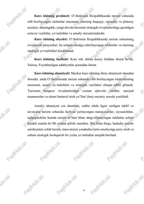 yo‘nalishlar aniqlab beriladi. i bob. yangi islohotlar davrida o‘zbekistonda turizm sohasi rivoji: huquqiy va iqtisodiy asoslar. 1.1 o‘zbekiston respublikasida turizm sohasidagi islohotlarning asosiy bosqichlari. o‘zbekiston respublikasi mustaqillikka erishgan dastlabki yillardan boshlab, turizm sohasi milliy iqtisodiyotning muhim tarmoqlaridan biri sifatida e’tirof etila boshlandi. mamlakatimizda mavjud boy tarixiy-madaniy meros, noyob tabiiy landshaftlar va o‘ziga xos milliy urf-odatlar asosida turizm salohiyatini rivojlantirish bo‘yicha bir qator konseptual va amaliy choralar ko‘rildi. ammo sohaning izchil va barqaror rivojlanishi uchun chuqur islohotlar, davr talablariga javob beradigan strategiyalar va zamonaviy infratuzilma zarur edi. shu sababli turizm sohasidagi islohotlar bir necha asosiy bosqichlarda olib borildi va har bir bosqich o‘ziga xos yo‘nalish, yondashuv va natijalarga ega bo‘ldi. dastlabki bosqich – 1991–2000-yillarni o‘z ichiga oladi. bu davrda o‘zbekiston respublikasida turizm sohasi huquqiy va tashkiliy jihatdan shakllantirila boshladi. 1992-yilda o‘zbekiston respublikasi vazirlar mahkamasining qarori bilan o‘zbekiston respublikasining turizm bo‘yicha milliy kompaniyasi —tashkil etildi. 1999-yilda esa “turizm to‘g‘risida”gi qonunning qabul qilinishi …