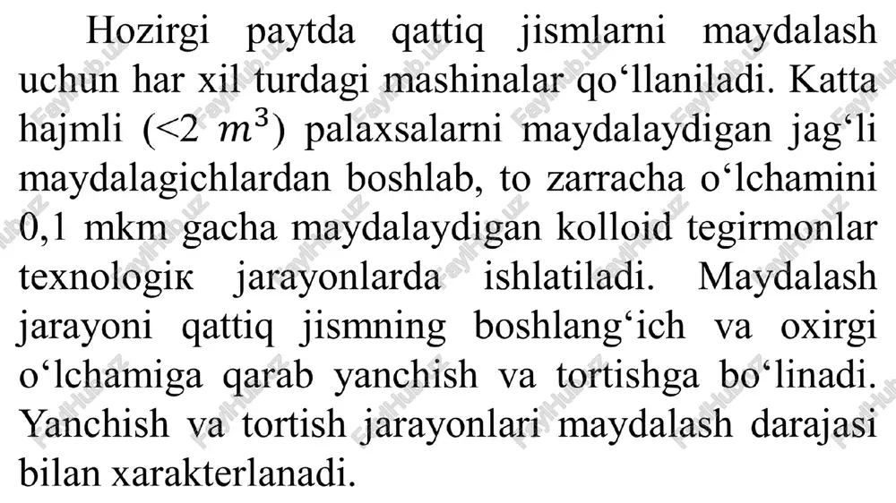 hiliklari - qurilma murakkab, narxi qimmat, tikka konusli qurilmaning balandligi katta. bolg‘ali maydalagich hayvon suyaklari va boshqa qattiq jismlarni maydalash uchun qo‘llaniladi. panjara teshiklarining o‘lchamlari bilan belgilanadi. ushbu mashina siqiq zarba berish usulida ishlaydi. unda, bolg‘a 2 tez aylanadigan disk 3 ga shamir orqali biriktirilgan. material bunker orqali mashinaga yuklanadi va bolg‘alar bilan maydalanadi. maydalangan material kolosnikli panjara 6 dan o‘tib, mashinadan to‘kiladi. maydalangan material o‘lchamlari kolosnikli. dezintegratorda disklarning konsentrik aylanalari bo‘ylab savalash sterjenlari o‘rnatilgan. birinchi diskning har bir qatoridagi savalash sterjenlari boshqa diskning ikki qatoridagi sterjenlar orasida kichik tirqish qoldirib joylashtirilgan bo‘ladi. yuklovchi bunker 5 orqali material mashinaga yuklanadi va aylanuvchi savalash sterjenlar zarbasi ta’sirida material maydalanadi. maydalangan material mashinaning pastki qismida joylashgan to‘kish shtuseri orqali chiqariladi. diskning aylanish chastotasi 200... 1200 mi. bu turdagi mashinalar ish unumdorligi 0,5...20 t/soat. dismembrator. bunday qurilmalarda bitta aylanuvchi baraban 1 bo‘lib, unga bir nechta steijen - bila 6 lar o ‘rnatilgan, ikkinchi, …