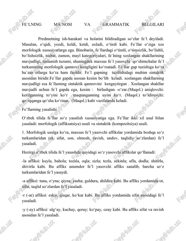 mushkullashtiradi, qiyin ishni esa, chorasiz bir ahvolga olib keladi (tafakkur gulshani). bu misollardagi ayon qilmoqdamiz, olib keladi fe’llari sintaktik usul bilan yasalgan qo‘shma fe’llardir. qo‘shma fe’llarning qismlari qaysi so‘z turkumidan tuzilishiga ko‘ra ikki turga bo‘linadi: 1)ot+fe’l qolipidan qo‘shma fe’llar. bunday fe’llarda birinchi qism fe’ldan boshqa so‘z turkumlari (ot, sifat, undov, taqlid)dan tuzilib, ikkinchi qismi fe’l bo‘ladi: javob bermoq, qo‘l qo‘ymoq, nazar tashlamoq, xursand bo‘lmoq, xafa qilmoq, oh urmoq, yalt etmoq kabi. 2) fe’l+fe’l qolipidan qo‘shma fe’llarning har ikala qismi fe’llardan tuziladi: olib chiqmoq, sotib olmoq kabi. bunday qo‘shma fe’llarning birinchi qismi –b (-ib), -a (-y) qo‘shimchasi bilan yasalgan ravishdosh shaklida keladi, tuslovchi qo‘shimchalar ikkinchi qismga qo‘shiladi. fe’l+fe’l qolipidagi qo‘shma fe’llar kam miqdorni tashkil etadi. qo‘shma fe’llarning har bir qismi o‘z leksik ma’nosini saqlagan holda, birgalikda bitta murakkab harakat tushunchasini anglatadi. shu jihatdan qo‘shma fe’llar ko‘makchi fe’lli so‘z qo‘shilmalaridan (analitik shakllardan) farqlanadi, chunki bunday fe’llarda leksik ma’no uning birinchi qismi bilan …