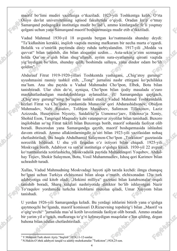 ng-barangdir u 20- yillarda maorif sohasida ishladi, maktab, bola tarbiyasi haqida o'nlab maqolalar yozdi. garchand mavzu va janr jihatidan xilma-xil asarlar yozgan bolsa-da, 20-yiiiar adabiy jarayonida u adabiyotshunos munaqqid sifatida tanildi. vadud mahmud zamondoshlarining ijodiga xolis, haqqoniy baho bergan, mustaqil adabiy, ilmiy fikr-mulohazalari, dunyoqarashi bilan ko‘pchilikning hunnatini qozongan munaqqid edi. buni cho‘lpon ijodiga munosabatida yaqqol ko‘rish mumkin. 20-yillarda tanqidchilik cho‘lpon ijodiga ikkiyoqlama munosabatda bo‘ldi. zarif bashir, ayn (olim sharafiddinov), usmonxon eshonxo‘jayev kabilar cho'ipon ijodiga munosabatda, asosan, mafkurani bosh mczon qilib oldilar, shu ravishda uning ijodini, dunyoqarashini qoralab chiqdilar. shu tariqa cho'ipon ijodini mafkuraga bog‘lovchi bir oqim paydo bo‘ldi va bunday salbiy munosabat deyarli sho‘ro tuzumi yemirilguncha davom etdi. ammo bu oqimga qarshi o ‘sha davrning o‘zidayoq cho'ipon ijodini xolis baholovchi munaqqidlar guruhi ham faoliyat ko'rsatdi. uning boshida vadud mahmud turdi va cho‘lpon she’riyatini to‘g‘ri talqin etgan munaqqidlardan biri, ehtimol, birinchisi sifatida tarixda qoldi. «turkiston» gazetasining 1923-yil 10-dekabr sonida uning «buloqlar» …