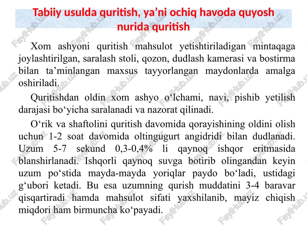 tish jarayoni issiq havo yoki tutunli gazlar yordamida olib boriladi. bu tipdagi quritgichlar bitta yoki ko‘p lentali bo‘ladi. sanoatda ko‘p lentali quritgichlar keng ishlatiladi. ko‘p lentali quritish qurilmalarida qurituvchi agent quritiladigan mahsulotga nisbatan perpendikulyar yo‘nalgan bo‘ladi. mahsulot bir lentadan ikkinchisiga tushayotganda uning qurituvchi agent bilan kontakt yuzasi ko‘payadi. bunday quritgichlarda quritish jarayonining turli variantlarini tashkil qilish mumkin. lentali quritgichlar tselyu dannogo uchebnogo kursa yavlyaetsya izuchenie osnov sistemnogo analiza, prinyatie reshenie sovremennix metodov analiza, ispolzuemix v rabote gosudarstvennix uchrejdeniy v sfere politiki, ekonomiki, obrazovanii. 10 lentali quritgichlar ko‘p joyni egallaydi va ularni ishlatish ancha murakkab (lentalarning cho‘zilishi va barabanda noto‘g‘ri joylanish holatlari ro‘y berishi mumkin). bunday qurilmalarning solishtirma ish unumi kichik, solishtirma issiqlik sarfi esa katta, pastasimon mahsulotlarni quritish mumkin emas lentali quritgich: 1-quritgichning qobig'i, 2-etaklanuvchi barabanlar, 3-ventilyator, 4-yuklash voronkasi, 5-lenta, 6-etaklovchi barabanlar, 7-to'siqlar, 8-kalorifer barabanli quritgich pnevmatik quritgich sso markali quritgich mahsulot tarkibidan namlikni chiqarib yuborish uch bosqichdan iborat: ovladenie …