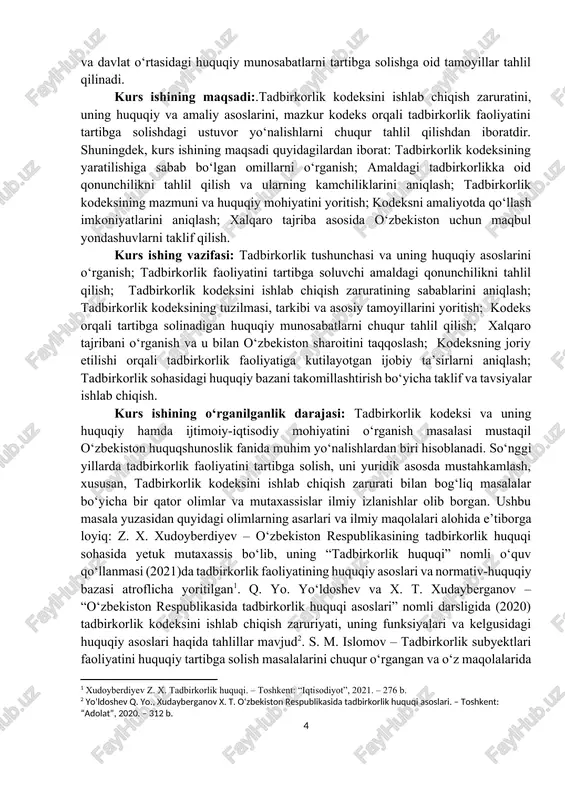 huquqiy mohiyati, amaldagi qonunchilikdagi o‘rni va u orqali tartibga solinadigan ijtimoiy-iqtisodiy munosabatlardir.kurs ishida tadbirkorlik kodeksi orqali tadbirkorlik subyektlari faoliyatini yengillashtirish, ularning huquqiy maqomini aniqlashtirish, biznes muhitini takomillashtirish, shuningdek, investorlar va davlat o‘rtasidagi huquqiy munosabatlarni tartibga solishga oid tamoyillar tahlil qilinadi. kurs ishining maqsadi:.tadbirkorlik kodeksini ishlab chiqish zaruratini, uning huquqiy va amaliy asoslarini, mazkur kodeks orqali tadbirkorlik faoliyatini tartibga solishdagi ustuvor yo‘nalishlarni chuqur tahlil qilishdan iboratdir. shuningdek, kurs ishining maqsadi quyidagilardan iborat: tadbirkorlik kodeksining yaratilishiga sabab bo‘lgan omillarni o‘rganish; amaldagi tadbirkorlikka oid qonunchilikni tahlil qilish va ularning kamchiliklarini aniqlash; tadbirkorlik kodeksining mazmuni va huquqiy mohiyatini yoritish; kodeksni amaliyotda qo‘llash imkoniyatlarini aniqlash; xalqaro tajriba asosida o‘zbekiston uchun maqbul yondashuvlarni taklif qilish. kurs ishing vazifasi: tadbirkorlik tushunchasi va uning huquqiy asoslarini o‘rganish; tadbirkorlik faoliyatini tartibga soluvchi amaldagi qonunchilikni tahlil qilish; tadbirkorlik kodeksini ishlab chiqish zaruratining sabablarini aniqlash; tadbirkorlik kodeksining tuzilmasi, tarkibi va asosiy tamoyillarini yoritish; kodeks orqali tartibga solinadigan huquqiy munosabatlarni chuqur tahlil …