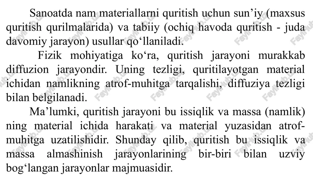 qlanadi. quritishning bu usulida nam materialni nisbatan past temperaturali issiq havo yordamida quritish imkoni bor., bu usulda yuqori temperaturalarga chidamli materiallar quritiladi. ishlatilgan havoni qisman resirkulatsiya qilish yo‘li bilan quritish sxemasi ko'rsatilgan. diagrammada a nuqtani ifodalovchi parametrli issiq havo, ishlatib bo‘lingan havo (ac va bc chiziqlar) bilan aralashadi va kaloriferda tc temperaturagacha qizdiriladi. undan keyin, qizdirilgan havo nam material bilan o‘zaro ta’sir ettiriladi. nam havoning so‘nggi parametrlarini v nuqta xarakterlaydi. oddiy quritish usuliga nisbatan bu usul pastroq tempera- turalarda, ya’ni tk o‘rniga tc da va gaz oqimining yuqori tezliklarida o‘tkaziladi. yuqorida qayd etilgan havoning parametrlari va uning quritkichdagi tezligi aralashish karraligi n = l/l ga bog‘liq. sirkulatsiyali va sirkulatsiyasiz quritish usullari va havo holatining o‘zgarish oralig‘ bir xil bo‘lganda, issiqlik sarfi ham bir xil bo‘ladi. ishlatilgan gaz ko‘p marta foydalanish usulida quritish sxemasi keltirilgan. qurituvchi gaz sifatida toza va qimmat gazlar. masalan vodorod. ishlatilganda ushbu usulni qo‘llash maqsadga muvofiq. bunday …