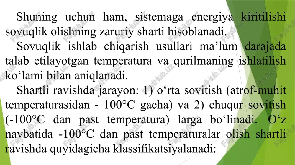 kompressor sovitish mashinasida kompressor i sovitish eltkichi bug‘larini so‘rib, ularni suv bilan sovitishda suyuqlikka aylanish mumkin bo‘lgan bosim darajasigacha siqadi va kondensator ii ga haydaydi. ts diagrammada bug‘larning adiabatik siqish jarayoni vertikal adiabatik chizig‘ 1-2 bilan tasvirlangan. siqish bug‘ning temperaturasini (1 nuqta) dan t (nuqta 2) gacha ko‘tarilishiga olib keladi. kondensator ii da suyuqlanish jarayoni o‘zgarmas t temperaturada borishi uchun siqish jarayoni suyuqlik - bug‘ muvozanat chizig‘i bilan chegaralangan sohada amalga oshirilishi kerak. ideal mashinada kompressordan chiqayotgan bug‘ quruq to‘yingan holatda p bosimda bo‘ladi. absorbsion sovitish mashinalari kompressor sovitish mashinalaridan farqli absorbsion sovitish mashinalarida sovuqlik olish uchun mexanik energiya emas, balki yuqori potensialli issiqlik sarflanadi. absorbsion sovitish mashinasining ishchi sovuqlik eltkichi bug‘larining bosimda absorbent tomonidan yutilishi (absorbsiya) va keyin qizdirishda p kondensatsiya bosimida chiqarilishiga asoslangan. sovuqlik eltkichini suyultirish uchun siqish o‘rniga, bu yerda ortiqcha bosim ostida haydash qo‘llaniladi. bollgan suv-ammiak aralashmasi yuqori p bosimda ishlovchi qaynatkich i ga keladi. aralashmadan …
