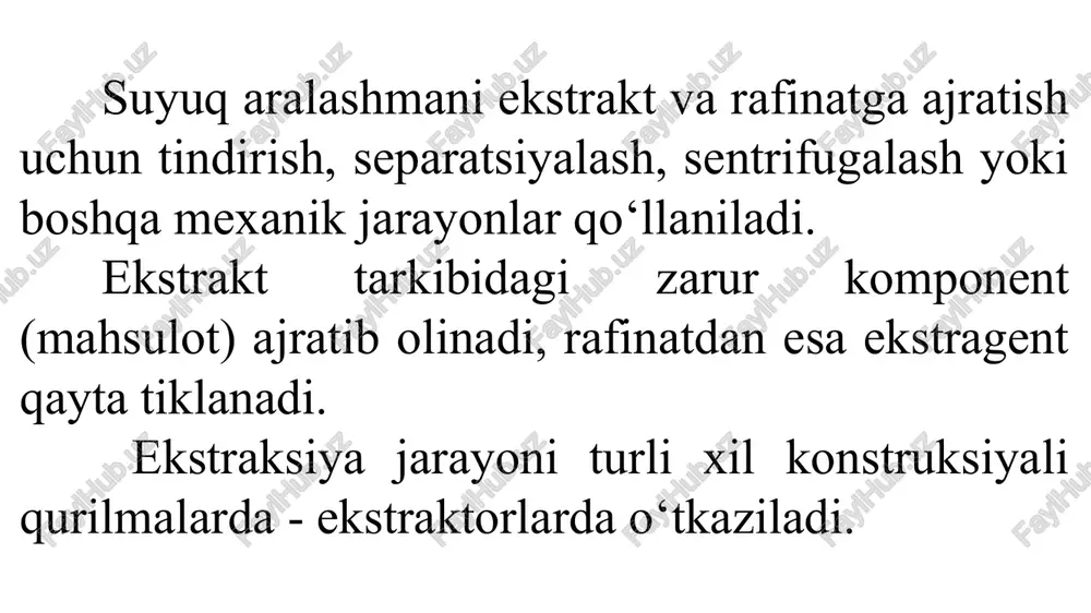 onada xb konsentratsiyali f boshlang‘ch eritma bilan o‘zaro to‘qnashuvda bo‘ladi. bu komponentli aralashma birinchi pog‘onada ajratilgandan so‘ng, u1=yax konsentratsiyali ekstrakt va x1 konsentratsiyali rafinat olinadi. 15 ekstraktorlar konstruksiyalari ma’lumki, ekstraksiyalash jarayonlarida massa o‘tkazishning samaradorligi massa berish yuzasi va o‘rtacha harakatga keltiruvchi kuchga to‘g‘ri proporsional. ekstraktorlarda massa almashinish yuzasini oshirish maqsadida suyuq fazalardan biri tomchi holida purkaladi. dispers va dispersion fazalar o‘rtasida massa o‘tkazish jarayoni sodir bo‘ladi. ekstraktorda yuqori harakatga keltiruvchi kuchga erishish uchun jarayondagi oqimlar ideal siqib chiqarish sharoitida o‘zaro to‘qnashishi tashkil etiladi. buning uchun ekstraksiyalash jarayoni yupqa qatlamda nasadkali, markazdan qochma ekstraktorlarda ulami seksiyalash yoki ko‘p pog‘onali seksiyalangan qurilmalarda olib boriladi. jarayon tashkil etilishiga qarab ekstraktorlar davriy va uzluksiz prinsipda ishlaydigan bo‘ladi. jarayonda qatnashayotgan fazalar to‘qnashuviga qarab ekstraktorlar 3 guruhga bo‘linadi: aralashtirib - tindiruvchi; differensial kontaktli va pog‘onali yoki seksiyali. aralashtirib - tindiruvchi ekstraktorlar bir necha pog‘onadan iborat bo‘lib, ulardan har biri tarkibida aralashtirgich va ajratgich bo‘ladi. tashqaridan berilayotgan …