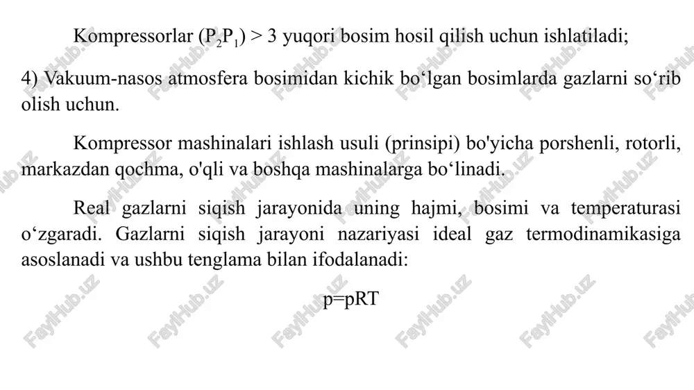 g kamchiligi: tayyorlash murakkab, tez ishdan chiqadi, rotor plastinalari juda tez yediriladi, ishlaganda ko‘p shovqin tarqatadi va ekspluatatsiyasi qimmat. vakuum nasoslar vakuum-nasoslami kompressorlardan konstruktiv farqini belgilovchi ko‘rsatkichi, bu ulardagi siqish darajasining yuqoriligidir. masalan, vakuum-nasos gaz (havo)ni 0,05 atmosfera bosimida so'rib olsa (siyraklanish 95%) va uni nasosdan chiqishida 1,1 at gacha siqadi (ortiqcha bosim 0,1 at ga teng bo‘lib. u turli qarshiliklarni yengish uchun sarflanadi). bu holda nasosning siqish darajasi: ga teng bo‘ladi. shuni alohida ta'kidlash kerakki, bir bosqichli porshenli kompressorlarda siqish darajasi 8 dan oshmaydi. bunday yuqori siqish darajasi bilan vakuum-nasosning hajmiy koeffitsiyenti va unumdorligi birdan pasayib ketadi. shuning uchun nasosning ishchi hajmidan to‘liq foydalanish uchun «zararli bo‘shliq» ulushini minimumga tushirishga harakat qilinadi. shu maqsadda vakuum-nasosning ko‘pgina turlarida, misol uchun, porshenli va rotor- plastinali nasoslarda, bosimni tekislash usuli qo‘llanadi va bunda vakuum-nasoslaming uzatish koeffitsiyentini hy=0,8...0,9 gacha oshirsa bo‘ladi. porshenli vakuum nasoslar. ushbu qurilma hol va quruq mashinalarga bo‘linadi. quruq vakuum-nasos …