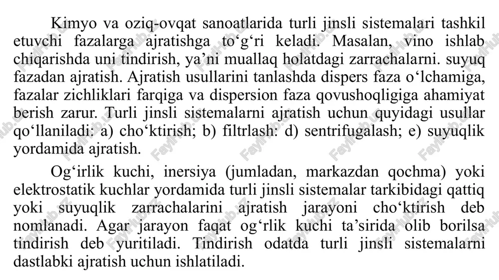 , zichligi kamrog‘ esa o‘q atrofida yig‘iladi. filtrlovchi sentrifuga rotori g‘ovaksimon bo‘lib, emulsiya va suspenziyalarni filtrlash prinsipi asosida ajratadi. bu qurilmalarda, ajratish jarayonida bosimlar farqi o‘rniga, markazdan qochma kuch ishlatiladi. bu turdagi sentrifugalarda suspenziya yoki emulsiya rotor devoriga qarab harakat qiladi va fazalarga ajraladi. fazalarga ajratish jarayoni quyidagicha ro‘y beradi: suyuq faza rotorning to’sig‘idan bo‘lib, qurilma qobig‘iga yig‘iladi va shtuser orqali chiqariladi. qattiq faza esa. filtrlovchi to‘siqda ushlanib qoladi va undan so‘ng rotordan tushiriladi. ishlash prinsipiga ko‘ra sentrifugalar davriy va uzluksiz bo‘ladi. rotor o‘qining o’rnatilishiga qarab, gorizontal va vertikal sentrifugalar bo‘ladi. davriy ishlaydigan sentrifugalarda cho‘kma qo‘l. og‘irlik kuchi yoki pichoq yordamida tushiriladi. uzluksiz sentrifugalarda cho'kma shnek yordamida inersion va pulsatsion kuchlar yordamida tushiriladi. tindirish va cho‘ktirish uchun mo‘ljallangan qurilmalar ishlash prinsipiga ko‘ra quyidagilarga bo'linadi: gravitatsion cho'ktirgich, sentrifuga, gidrosiklon va separatorlarga. tindirgichlar uzlukli, yarim uzluksiz va uzluksiz ishlaydigan bo‘ladi. uzlukli ishlaydigan tindirgich. bu turdagi qurilma aralashtirgichi bo'lmagan, yassi suv havzasidan iborat. …