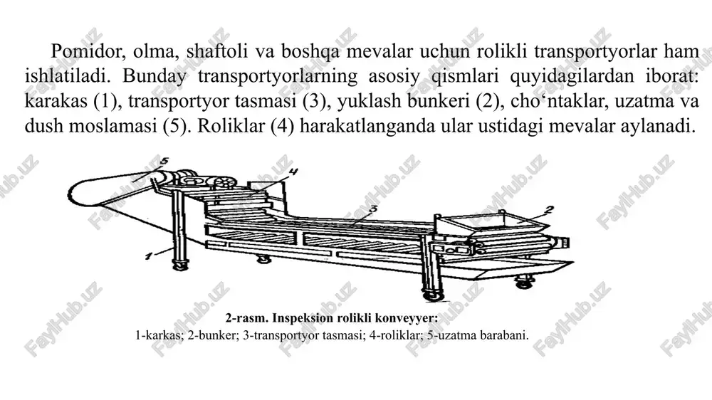 niversal kolibrlovchi mashina: 1-stanina, 2-kolibrlovchi uzel, 3-fraksion transportyor, 4-chiqindilar uchun transportyor, 5-elevator, 6-elektrodvigatel. don va yog‘li urug‘larni aralashmalardan tozalash qurilmalari. don va yog‘li urug‘larni qabul qilish va tozalash yog‘ olish tizimida barcha operatsiyalardan oldinda turadi. yog‘li urug‘larni begona aralashmalardan tozalash ularni sifatli saqlash va qayta ishlashni ta’minlash uchun zarurdir. yog‘li urug‘larni (paxta chigitidan tashqari) mineral va organik qo‘shimchalar va ferromagnit aralashmalardan tozalash uchun aerodinamik, elakli va magnitli separatorlar qo‘llaniladi. separator zsm hamda elektromagnit separator bilan tanishish. separator metall staninadan iborat, unga tekis prujinalarda ustma-ust pastki va yuqorigi panjarali (elakli) kuzovlar osiladi. har bir kuzov ikki qator elakga ega: yuqorigi - saralovchi, pastki – elovchi. separatorlar (zsm-50 va zsm-100) birinchi va ikkinchi marta tozalash uchun, hamda urug‘larni fraksiyalar bo‘yicha kolibrlash (mayda va yiriklarga ajratish) maqsadida ishlab chiqarishning texnologik sxemalarida qo‘llaniladi. kolibrlash urug‘larni keyingi qayta ishlashda – ularni chaqish va elashda unumdorlikni oshirishga imkon beradi. 6-rasm. separator zsm-50. 1-qabul qilish kamerasi, 2-shnek, …
