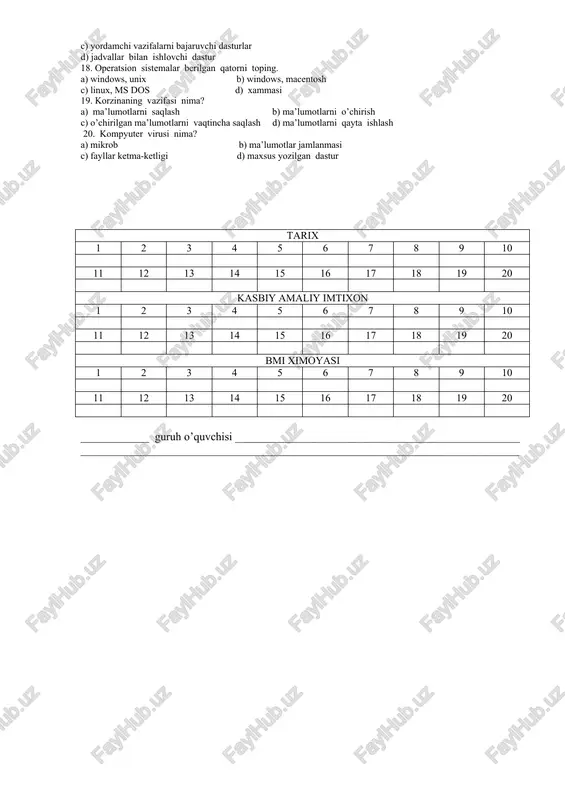 si portiga ulanadi? a) lpt1; b) ps/2; c) com 1; d) com 2. 15. ……….. londondagi butun jaxon yarmarkasida angliyalik fizik frederik blekvell tomonidan birinchi marta faks uzatish namoyish etildi. a) 1849-yil b) 1851-yil c) 1850-yil d) 1852-yil 16. microsoft firmasining direktori? a) bill geyts; b) bill hepton; c) charlz geyts; d)charli tomson. 17. flesh so’zining ma’nosi nima? a) xotira b) strimer c) chaqnash d) tezkor 18.ups qurilmasi nima? a) kompyuterni tezligini yaxwilash uchun kerakli qurilma b) kompyuterni xotirasini oshiruvchi qurilma c) kompyuterni himoyalsh uchun uzuliksiz elektr taminlovchi qurilma d) kompyuterni internetga ulovchi qurilma 19. bir nechta kompyuterni elektr tarmog’iga ulash uchun qaysi qurilma kerak? a) pilot b) switch c) kabel d) hub 20. ………….. kuchlanishni barqarorlashtirish uchun zarur bo’lgan elektr qurilmasi. a) filtr b) ups qurilmasi c) stabilizator d) vint bmi ximoyasi (20 ta test savollari) 1. dvd diskning xotira xajmi qancha? a) 700mb b) 8.4gb c) 4.7gb d) …