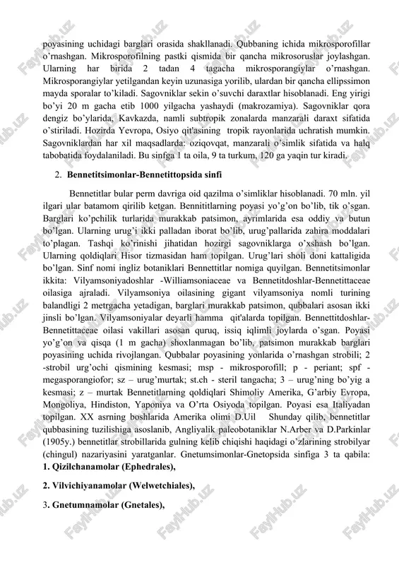o’zi misol bo’la oladi. sagovniklar yevropa, osiyo qit'alarida tarqalgan bo’lib, tabiatda yakka-yakka holda yoki kichik guruhlar hosil qilib o’sadi. ayrim turlari masalan: avstraliyada evkolipt o’rmonlari orasida, amerikada yashil eman o’rmonlarida, ayrimlari esa ochiq joylarda afrika savannalarida akatsiya bilan birgalikda uchraydi. poyasining uchida joylashgan patsimon barglari har xil, masalan pakana zamiyalarning barglari 5-6 sm bo’lsa, entsefalyartos turkumi ayrim vakillarining barglarining uzunligi 5-6 m, sagovniklarning barglari kseromorf tuzilishiga ega. ular qalin, qattiq kitikula bilan qoplangan. poyasi sekin o’sadi. ko’pincha poyasining uchida mikro, megostrobil hosil bo’lgandan so’ng, o’sishdan to’xtaydi, sababi tepa kurtak strobil bilan tugaydi. poyasining uchida uzun va qattiq patsimon barglar to’p bo’lib joylashgan. to’pbarglarning ichki tomonida poya uchida uchki kurtak bor. kurtak tangachalar bilan qoplangan. 1-2 yildan keyin bu kurtaklardan yangi barglar o’sib chiqadi, eski barglar quriydi, to’kiladi . sagovniklar asosan urug’idan ko’payadi. ayrim vaqtlarda poyada (sikas)da kurtak hosil bo’lib, kurtak uzilib, yerga tushishi, keyin ildiz otib ko’karishi kuzatiladi. sagovniklar ikki …