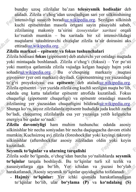 huqurligi (gipotsentr chuqurligi) va epitsentr orasidagi masofa zilzilaning yer yuzasidan chuqurligini bildiradiuz.wikipedia.org. shunga ko‘ra, sayoz zilzilalarda epitsentr hududida juda kuchli zarba bo‘ladi, chuqurroq zilzilalarda esa yer yuzasiga yetib kelguncha energiya bir qadar so‘nadi. zilzila davomiyligi ham muhim tushuncha: odatda asosiy silkinishlar bir necha soniyadan bir necha daqiqagacha davom etishi mumkin. kuchsizroq avj zilzila (foreshock)lar yoki keyingi takroriy silkinishlar (aftershock)lar asosiy zilziladan oldin yoki keyin kuzatiladi. seysmik to‘lqinlar va ularning tarqalishi zilzila sodir bo‘lganda, o‘chog‘idan barcha yo‘nalishlarda seysmik to‘lqinlar tarqala boshlaydi. bu to‘lqinlar turli xil tezlik va xususiyatlarga ega bo‘lib, yer ichidan va yuzasi bo‘ylab harakatlanadi. asosiy seysmik to‘lqinlar quyidagicha toifalanadi: · hajmiy to‘lqinlar: yer ichki qismida harakatlanadigan to‘lqinlar bo‘lib, ular bo‘ylama (p) va ko‘ndalang (s) to‘lqinlarga ajratiladiuz.wikipedia.org. p-to‘lqinlar (birlamchi) – eng tez tarqaluvchi bo‘ylama to‘lqinlar bo‘lib, jinslarni oldinga-orqaga siqish va cho‘zish tarzida o‘tkazadi. p-to‘lqinlar havo va suyuqliklarda ham tarqalishi mumkin. ular birinchi bo‘lib yetib keladi va odatda zilzila boshlanganini ilk …