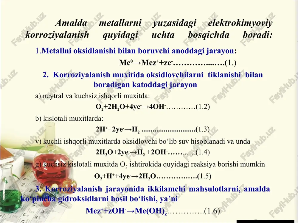 . faol metallar 1) faol metall va kislorodsiz kislota qoldiqli tuz 2) faol metall va kislorodli kislota qoldiqli tuz 3) faol metall gidroksidi adabiyotlar damaskin b.b. petriy o.a. elektroximiy m: ximiya 1987. 2. andropov n.i. teoreticheskay elektroximiya m. “visshayashkola», 1984 3.akbarov h i., xolikov a.j. “fizikaviy kimyo” o’quv uslubiy qullanma toshkent 2005. 4.raxmankulov d.l. i dr. ingibitori korrozii. t.1. osnovi teorii i praktiki primeneniya ufa: reaktiv, 1997, 295s. 5. klimnik a.b.,gladisheva i.v. ximicheskoe soprotivlenie materialov i zashita ot korrozii// uchebnoe posobie. tambov, 2008,-s.80. 6.kuznetsov yu.i., vagapov r.k. zashita metallov, m, 2000,-s.520. e'tiboringiz uchun raxmat!