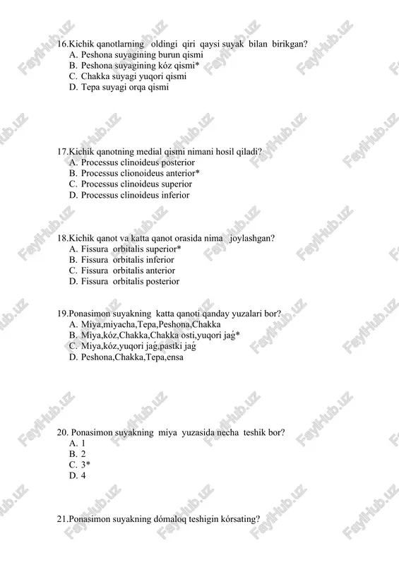 smlari bor? a. palla,noǵora,piramida* b. palla,noǵora,tepa c. palla,noǵora,ensa d. palla,noǵora,peshona 38.chakka suyagining qaysi qismining oldingi,orqa,pastki yuzalari bor? a. palla qismi b. tepa qismi c. piramida qismi* d. peshona qismi 39.impressio trigeminalis qayerda joylashgan? a. basis partis petrosae b. bulla temporalis c. apex partis petrosae* d. infundibulum temporale 40. impressio trigeminalis lateral tarafinda necha teshik joylashgan? a. 1 b. 2* c. 3 d. 4 41.katta toshli nervning kanalin kórsating? a. hiatus canalis nervi petrosi majoris* b. hiatus canalis nervi petrosi minoris c. hiatus canalis nervi petrosi anterior d. hiatus canalis nervi petrosi posterior 42. katta toshli nervning egatchasin kórsating? a. sulcus nervi petrosi majoris* b. sulcus nervi petrosi minoris c. sulcus nervi petrosi anterior d. sulcus nervi petrosi posterior 43. yuqori noǵora arteriyasi qayerdan chiqadi? a. hiatus canalis nervi petrosi majoris b. hiatus canalis nervi petrosi minoris* c. hiatus canalis nervi petrosi anterior d. hiatus canalis nervi petrosi posterior 44. kichik …