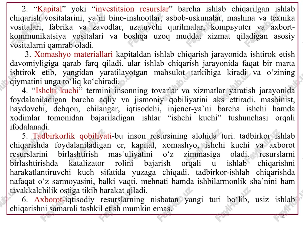 asi quyidagicha yoziladi: ishlab chiqarish funktsiyasi korxona ishlab chiqarish omillarining har bir kombinatsiyada biriktirishda maksimal darajada ishlab chiqarilishi mumkin bo‘lgan mahsulot miqdorini ifodalaydi. ishlab chiqarish funktsiyasi nuqtai-nazaridan “mahsulotni maksimal darajada ishlab chiqarish” iborasi muhim hisoblanadi. ishlab chiqarish funktsiyasi firmalarni kamchiqimlilik va yuqori samaradorlik sharoitida faoliyat ko‘rsatishini ifodalaydi. ishlab chiqarish har doim ham iqtisodiy samarali bo‘ladi deb atash noo‘rin, ammo maksimal foyda olishni ko‘zlovchi har qanday firma resurslarni behuda sarflamaydi va sarflanayotgan har bir resurs birligidan maksimal qaytim olishga intiladi. q = f (l, k, m, e, i) ishlab chiqarish mazmuni omillar yer kapital ishchi kuchi tadbirkorlik qobiliyati texnologiya resurslarni ishlab chiqarishga yoki iste`molga mo‘ljallangan ne`matlarga aylantirish jarayoni omillarni barqaror o‘zaro aloqadorligi shakli texnologiya omillarni biriktirish kombinatsiyasi ishlab chiqarish funktsiyasi * ishlab chiqarish funktsiyasi sarflanayotgan omillar kombinatsiyasi va ishlab chiqariladigan mahsulot hajmi o‘rtasidagi o‘zaro bog‘liqlik q = f (l, k, m, e, i) xususiyatlari ma`lum bir texnologiya darajasini ifodalaydi omillardan foydalanishni …