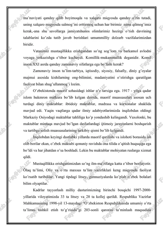 va har jihatdan o’sa boshladi. lekin bu maktablar mohiyatan ruslarga xizmat qildi. mustaqillikka erishganimizdan so’ng ilm-ma’rifatga katta e’tibor berilayotir. õlaq ta’limi, oliy va o’rta maxsus ta’lim vazirliklari keng miqyosda faoliyat ko’rsatib turibdilar. yangi tipdagi litsey, gimnaziyalarda ko’plab o’zbek bolalari bilim olyaptilar. kadrlar tayyorlash milliy dasturimizning birinchi bosqichi 1997-2000- yillarida viloyatimizda 33 ta litsey va 28 ta kollej qurildi. respublika vazirlar mahkamasining 1998-yil 13-maydagi “o’zbekiston respubjlikasida umumiy o’rta ta’limni tashkil etish to’g’risida”gi 203-sonli qarorini ta’minlash maqsadida viloyatda dastur va darsliklarni sinovdan o’tkazish maqsadida bitta respublika, 22 ta viloyat tajriba-sinov maydonlari tashkil etildi. birgina 1999-2000-o’quv yili natijalarini ko’zdan kechiradigan bo’lsak, ushbu yilda yangi turdagi ta’lim muassasalari bitiruvchilarining 88 foizi oliy o’quv yurtlariga kirganlar. bu ko’rsatkich bo’yicha viloyatimiz toshkent shahridan keyingi ikkinchi o’rinni egallagan. 2001-yilda 2005-yilda 1.ta’lim tizimida- 36272 nafar 38769 nafar o’qituvchi va murabbiylar viloyatimiz ta’lim-tarbiya maskanlarida xizmat qilmoqdalar. 2. shundan oliy toifali- muallimlar- 3766 nafar, 4859 nafar 3. birinchi toifalilar- 10915 …