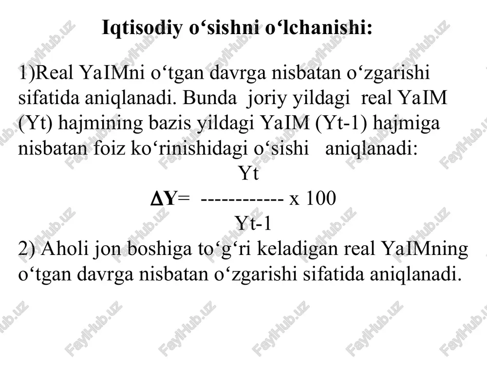 ishni 1 mlrd. soʻmga oshirish uchun 4 mlrd soʻm investisiya talab etilsa α =0,25 boʻladi. 2. talab tenglamasi. bu tenglamada yalpi talab qoʻshimcha investisiyalarning multiplikativ koʻpayishiga teng miqdorda oʻsishini koʻrsatadi. yd=  i × ( 1/ ß) 1/ ß – xarajatlar multiplikatori, ß – jamgʻarishga chegaralangan moyillik. 3. talab va taklif tengligini ifodalovchi tenglama:  i ( 1/ ß) = i × α , ya’ni  i / i = α×ß ( i / i ) – investisiyalarning yillik oʻsish sur'ati boʻlib, ishlab chiqarish quvvatlarini oshirish yordamida toʻliq bandlilikni ta'minlab turish uchun (α×ß) miqdorga teng boʻlishi kerak. e. domar moddelidan xulosa shuki, iqtisodiy oʻsishni ta'minlash uchun investisiyalar hajmini oshirish, bu uchun esa jamgʻarish normasi hamda fan texnika taraqqiyoti orqali kapitalning samaradorligini oshirish zarur. e. domar modelining asosiy tenglamasi domar modelida daromadning œsish tezligi investisiyalarga eki kapitalning me'eriy unumdorligi (a) va jamgʻ�arma normasiga (s)proporsionaldir. r. xarrod modelining asosiy tenglamasi daromadning œsishi …