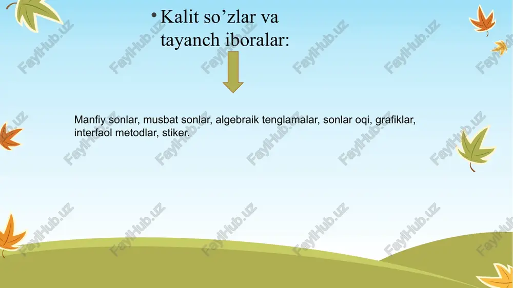 anfiy butun sonlar deganda qanday sonlarni tushunasiz? manfiy sonlarning kiritilishini tushuntiring. butun sonlarning geometrik interpretatsiyasini tushuntiring. butun sonlar tolplamining xossalarini ayting. butun sonlarni qo‘shish va ko‘paytirish qoidalarini keltiring. butun sonlarni ayirish va bo’lish ta’riflarini keltirib tushuntirib bering. sonning moduli deganda nimani tushunasiz? foydalanilgan adabiyotlar: b.s.abdullayeva, a.v.sadikova, n.a.xamedova, n.m.muxitdinova, m.i.toshpulatova. boshlang‘ich matematika kursi nazariyasi. «excellent polygraphy» nashriyoti toshkent, 2020 – 233-240-betlar e.e. jumayev “ boshlang’ich matematika nazariyasi va metodikasi ” (khk uchun ) toshkent. “turon-iqbol” 2010- yil. 120-128-betlar udachnogo vam uchebnogo goda! 36 image1.jpeg image2.png image3.png image4.png image5.png image6.png image7.png image8.png image9.png image10.png image11.png image12.png image13.png /docprops/thumbnail.jpeg