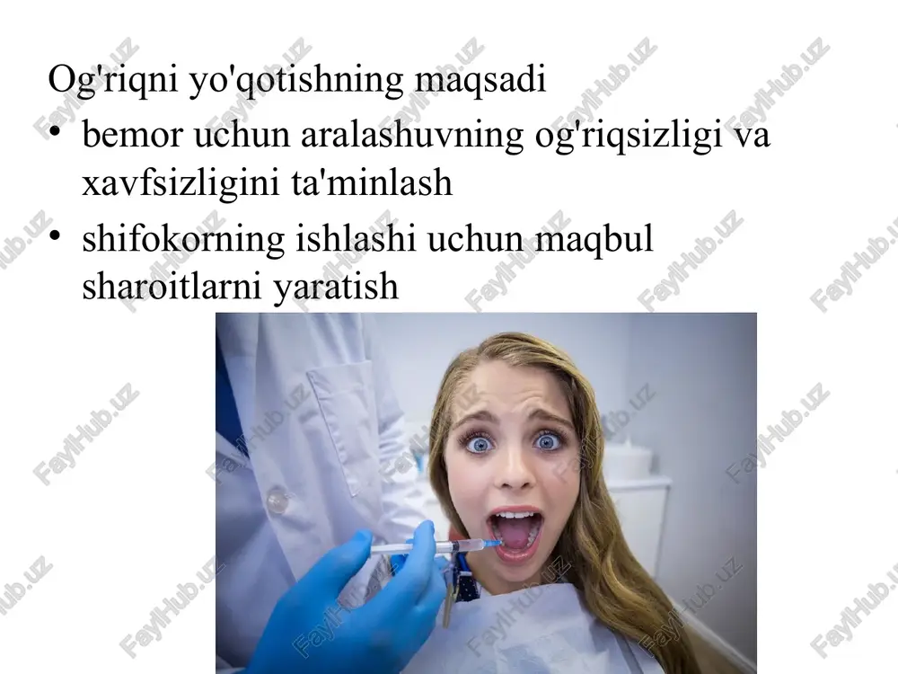 tezroq kiradi. ko'pincha azot oksidi, ftorotan va kislorod aralashmasi ishlatiladi, shuningdekmetoksifluran,enfluran,izofluranva hokazo. ingalyatsion bo'lmagan umumiy behushlik mahalliy og'riqsizlantiruvchi vosita nafas yo'llari orqali tanaga kirmaydigan barcha usullarni o'z ichiga oladi - tomir ichiga, mushak ichiga, og'iz orqali, rektal, shuningdek, dori-darmonsiz anesteziya.elektrostimulyatsiyausullari (mintaqaviyelektronli analjeziya, markaziyelektrostimulyatsiyabehushlik). stomatologiyada lokal anesteziyaning asosiy prinsi̇plari 1. lokal anestezi̇yaning asosiy prinsi̇plari lokal behushlik(mahalliybehushlikziyo)- ta'siryoqilganmaxillofacial to'qimahududlar,qaysi,o'chirmasdanongkasal,sabab bo'ladiog'riqni yo'qotishsezgirlikbu hududning to'qimalari. lokal behushlik kasalxonada ham, klinikada ham stomatologning amaliyotida og'riqni yo'qotishning asosiy usuli hisoblanadi.. usullarimahalliybehushlik in'ektsiya (infiltratsion behushlik); in'ektsion bo'lmagan(kimyoviy, fizik, fizik-kimyoviy usullar). in'ektsion bo'lmaganlokal behushlik usullarishundaylar deyiladita'minlashyuzaki to'qimalarning behushligiin'ektsiyasiz(infuzion) ulargaog'riq qoldiruvchi vositalar: kimyoviy (qo'llash); jismoniy (sovutish); fizik-kimyoviy (elektroforez). jismoniy usuli dan iboratsirt muzlashdaog'riqni yo'qotishsuyuq moddalar yordamida quyiladigan to'qimalarpastdanqaynash nuqtasi. atmoddalarni qo'llashyoqilganuchastkaularning natijasidabug'lanish sodir bo'ladisovutish va hattoto'qimalarni muzlatishblokirovka qilishga olib keladiyuzakiasab tugunlariva yuzakilargabu hududning behushligi. to'qimalarni muzlatishdan foydalanish. a) xloretil bilan og'riqni yo'qotish; b) jismoniy behushlikning zamonaviy vositalari. fizikaviy-kimyoviyusulimahalliybehushlikto'qimalarga kiritilishidan iboratelektroforez yordamida anestetik.usulamal qiladinevralgiyani davolashdatrigeminal asab. mahalliy dastur usulianesteziya hisoblanadimurojaat …