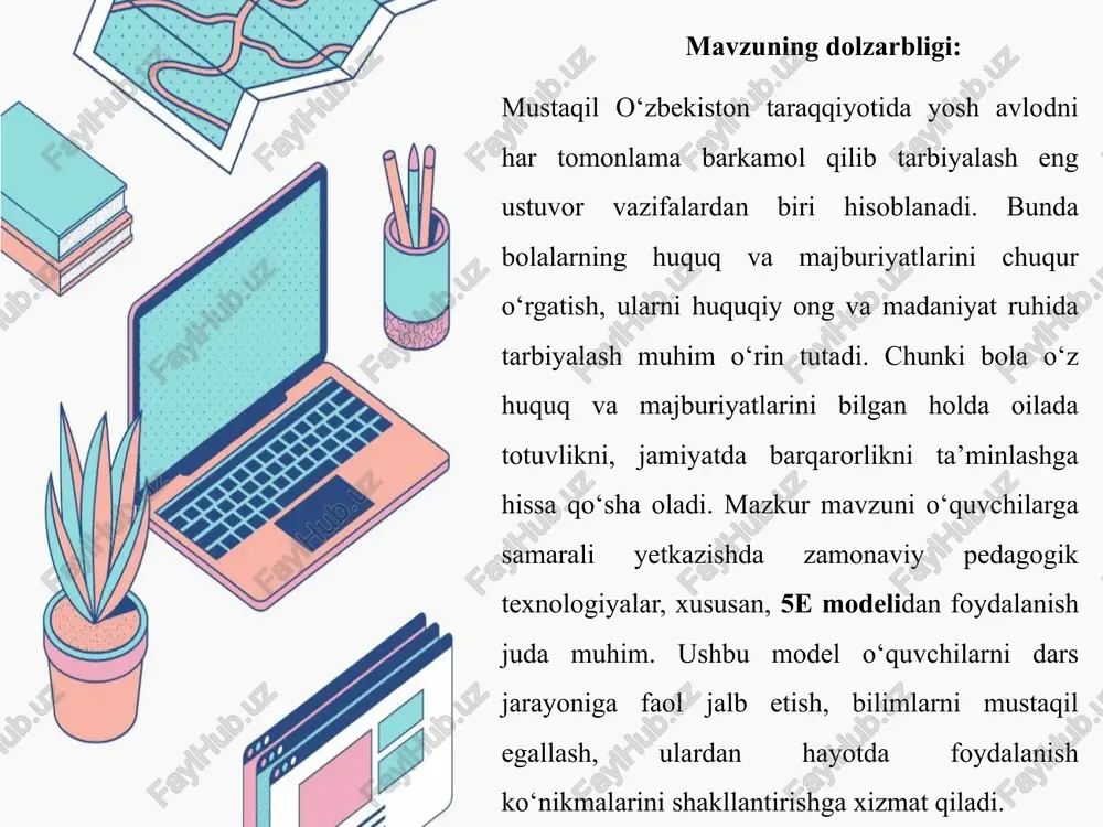 shtirokchi sifatida shakllantirishga qaratilgan zamonaviy pedagogik texnologiyalardan biridir. model besh bosqichdan iborat: engage – jalb etish explore – o‘rganish explain – tushuntirish elaborate – mustahkamlash evaluate – baholash 1-bosqich: engage (jalb etish) o‘qituvchi hayotiy savol beradi: “agar bola faqat huquqqa ega bo‘lib, majburiyatlari bo‘lmasa, oilada qanday vaziyat yuzaga keladi?” videorolik, surat yoki hikoya orqali o‘quvchilar diqqatini mavzuga qaratadi. maqsad: mavzuga qiziqish uyg‘otish. 2-bosqich: explore (o‘rganish) o‘quvchilar kichik guruhlarga bo‘linadi: 1-guruh: “bolalarning huquqlari”ni izohlaydi. 2-guruh: “bolalarning majburiyatlari”ni izohlaydi. 3-guruh: “huquq va majburiyatlarning uyg‘unligi” haqida misollar keltiradi. guruhlar konstitutsiya va qonunlardan foydalangan holda material tayyorlaydi. maqsad: mustaqil bilim olish va hamkorlikda ishlash. 3-bosqich: explain (tushuntirish) guruhlar o‘z natijalarini taqdim etadi. o‘qituvchi ularni umumlashtirib, bola huquq va majburiyatlarini qonuniy asoslarda tushuntiradi. maqsad: tushunchalarni tizimlashtirish. 4-bosqich: elaborate (mustahkamlash) rolli o‘yinlar, keys-stadi (muammoli vaziyatlar) orqali o‘quvchilar bilimlarini amaliyotda qo‘llaydilar. masalan: “bola maktabga bormasa, qaysi majburiyati buziladi?” “ota-ona bolaga tibbiy yordam bermasa, qaysi huquqi buziladi?” maqsad: …