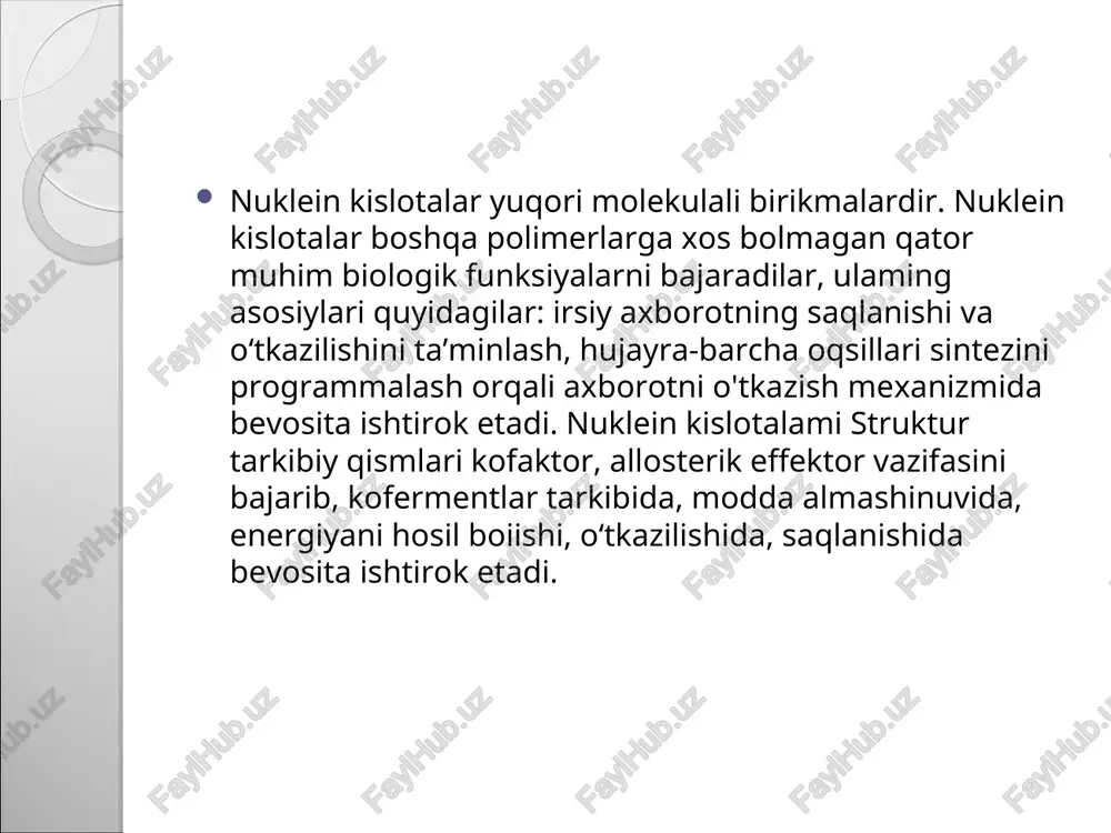 g molekulalaridagi azot asoslari kush-kush bulib ozaro vodorod boglari yordamida boglanganligidan dalolat beradi. 1953 yilda 2 ta yosh ingliz olimlari uotsom va kriklar rentgenostruktura analiziga asoslanib dnk molekulasi kush spiralli tuzimiga ega ekanligi aniklandi. bu modulga asosan xar ikki zanjir bitta umumiy ukka ega bolib diyametri 20 a teng. nukleotitlar koldigi bir-bitiga nisbatan 3b burchak xosil kilib joylashgan. 360 ga teng spiralning bir aylanasi yoki orami 100ta nukleotit koldigidan tashkil topgan. spiralning 1 orami orasidagi masofa 34a ga, xar bir nukleotit 3.4a ni egallaydi. j.chargoff 1947-1950 yillarda usimlik va xayvon tukimalari xujayralaridan nuklein kislotalarni ajratib olib, ularning tarkiblarini urganib, dnk uchun purin va pirimidin asoslarini mikdoriy munosabatlarini aniklab berib, tegishli koidalar yaratdi va bu fanda “chargoff koidasi” nomi bilan tarkaldi. koidadagi asosiy fikrlar kuyidagicha: dnk ning ikkilamchi strukturasi. dnk molekulalari nukleotidlari tarkibi uchun ularning ajratib olingan manbasidan qat’iy nazar muhim umumiy qonuniyatlari ham ma’lum. bu qonuniyatlar ularni kashf etgan olim …