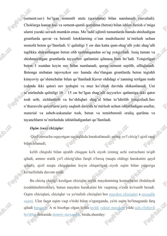 alik mahkamlanadi, tosh ko’chib tushgan joylardan ko’tarma grunti to’kilib tushishi unda bo’shliq hosil qilib, yo’lning deformatsiyalanishiga olib keladi.shikastlangan choklarga (ochilishi, eski sement-qumli qorishmaning buzilishi va sh.k.) 1:2 tarkibli, suvsement munosabati 0,5 dan kichik, m300 – 500 markali sement va donadorlik yirikligi 0,3 – 1 mm bo’lgan qumda tayyorlangan sement-qumli qorishma bilan ishlov beriladi. choklar ta’mirlanishidan oldin maxsus instrumentlar bilan quvur gidroizolyatsiyasini buzmasdan tozalanadi, bo’g’inlarning (seksiyalarning) chetlari simli cho’tka bilan tozalanadi. ta’mirlanishga tayyorlangan chok bitum yoki smolaga shimdirilgan zig’irpoyaning dag’al tolasi (kanop losi, paklya) bilan tiqib to’ldiriladi. 10 mm dan katta ochilgan choklarga beton (sement-qumli qorishma) bilan quyidagi ketma-ketlikda ishlov beriladi: oldin chokning bir qismi sement-qumli qorishma (beton) bilan to’ldiriladi, u qotgandan so’ng batamom ishlov beriladi. sement-qumli qorishmaning chok devorlari bilan birikuvini yaxshilash uchun ular tarkibi 1:5 (sement:suv) bo’lgan sementli atala (qorishma) bilan namlanadi (suvaladi). choklarga kanop losi va sement-qumli qorishma (beton) bilan ishlov berish o’rniga ularni yuzaki suvash mumkin emas. …