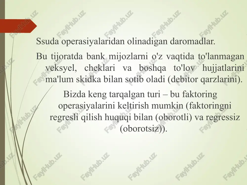 i: ish haqi va unga tenglashtirilgan xarajatlar ijara to'lovlari safar va transport xarajatlari ma'muriy xarajatlar xayr-ehsonlar amortizatsiya xarajatlari soliqlar, sug'urta va boshqa xarajatlar. tijorat banklarning foydasi va uni hisoblash tijorat banklarida, foizli daromadlardan foizli xarajatlar summasi ayirib tashlangandan so'ng, sof foizli daromad hosil bo'ladi. sof foizli daromad summasiga foizsiz daromad summasini qo'shib, olingan natijadan foizsiz xarajatlar summasi ayirib tashlansa, u holda soliq to'langunga qadar bo'lgan yalpi foyda yuzaga kyeladi. soliq to'langunga qadar bo'lgan yalpi foyda summasidan kreditlardan ko'riladigan zararlarni qoplashga mo'ljallangan zahira ajratmalari summasini ayirib tashlasak, u holda soliq tugagunga qadar bo'lgan sof foyda summasi yuzaga keladi. tijorat banklarining soliq to'langunga qadar bo'lgan sof foyda summasidan foyda solig'i summasini ayirib tashlasak, u holda bankning sof foydasi hosil bo'ladi. yuzaga kyelgan sof foyda hisobidan, aktsionyerlar umumiy yig'ilishining qaroriga asosan, dividyendlar to'lanadi. sof foydaning dividyendlar to'langandan keyin qolgan qismi taqsimlanmagan foyda deyiladi. sof foydaning hajmi pasayishiga yo'l qo'ymaslik tijorat banklari uchun katta …