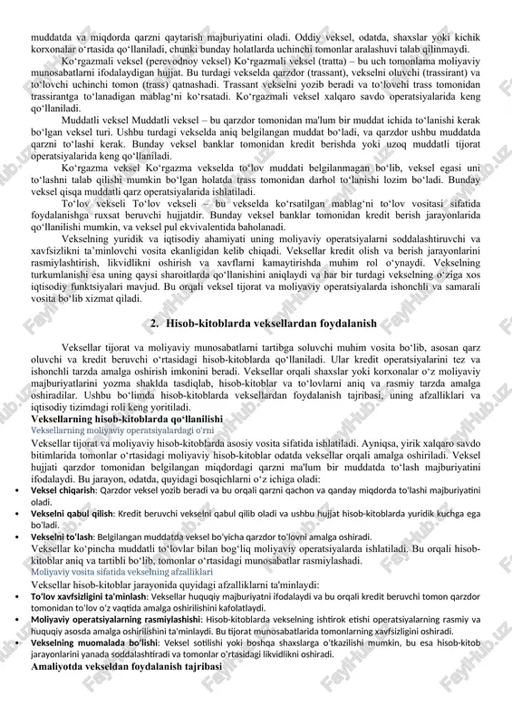 hi bilan yangi majburiyatlar paydo bo‘ladi. vekselning yuridik xususiyatlari veksel yuridik hujjat sifatida bir necha asosiy xususiyatlarga ega: · yozma shaklda bo‘lishi: veksel hujjati faqat yozma shaklda tasdiqlangan taqdirdagina qonuniy kuchga ega bo‘ladi. · aniq majburiyatni belgilash: vekselda qarz oluvchi tomonidan belgilangan miqdor va uni qaysi muddatda qaytarilishi ko‘rsatiladi. · muomalada bo‘lish imkoniyati: veksel uchinchi shaxslarga o'tkazilishi mumkin bo‘lib, bunday jarayon muomalada bo‘lish deb ataladi. · xalqaro qo‘llanishi: veksel xalqaro tijorat operatsiyalarida ham keng qo‘llaniladi, bu esa uning muhim yuridik vosita ekanligini tasdiqlaydi. · vekselning iqtisodiy ahamiyati moliyaviy munosabatlarni soddalashtirish vekselning eng asosiy iqtisodiy ahamiyati – moliyaviy munosabatlarni soddalashtirish va rasmiylashtirish imkoniyatini yaratishda. veksellar orqali korxonalar o‘zaro kredit olish va berish jarayonlarini tezlashtirishlari mumkin. veksel qarz oluvchi tomonidan kredit beruvchiga taqdim qilinib, bu orqali to‘lovning qaytarilishi huquqiy himoya ostiga olinadi. bu jarayon ayniqsa xalqaro savdo va tijorat operatsiyalarida katta ahamiyatga ega. bunday hollarda veksel moliyaviy operatsiyalarni xavfsiz va tez amalga …