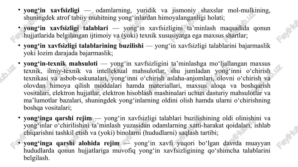 tlarini aniqlashga doir ishlarni bajarish; yong‘in xavfsizligini ta’minlashni ijtimoiy va iqtisodiy jihatdan rag‘batlantirish chora-tadbirlarini belgilash; belgilangan tartibda yong‘in xavfsizligi masalalari bo‘yicha axborot olish, shu jumladan yong‘indan saqlash xizmatining boshqaruv organlari va bo‘linmalaridan axborot olish huquqiga ega. tashkilotlar: yong‘in xavfsizligi talablariga rioya qilishi; yong‘indan saqlash xizmati mansabdor shaxslarining qonuniy talablarini bajarishi; yong‘in xavfsizligi chora-tadbirlarini ishlab chiqishi va amalga oshirishi, shuningdek ularning bajarilishi ustidan doimiy nazoratni ta’minlashi; yong‘inga qarshi targ‘ibot o‘tkazishi va o‘z xodimlariga yong‘in xavfsizligi chora-tadbirlarini qo‘llashni o‘rgatishi; yong‘inlarni o‘chirish. yong‘inlarni o‘chirish odamlarning hayotini asrab qolish hamda sog‘lig‘ini saqlash, yuridik va jismoniy shaxslarning mol-mulkini, atrof tabiiy muhitni asrash hamda yong‘inlarni bartaraf etish harakatlaridan iboratdir. yong‘indan saqlash xizmati bo‘linmalari tomonidan yong‘inlarning o‘chirilishini tashkil etish tartibini davlat yong‘in xavfsizligi xizmati belgilaydi. davlat yong‘in xavfsizligi xizmati boshqaruv organlari va bo‘linmalarining yong‘indan saqlash xizmatining boshqa turlari, vakolatli organlar, avariya-ta’mirlash xizmatlari va o‘zga xizmatlar bilan yong‘inlarning o‘chirilishini tashkil etishni ta’minlashga doir hamkorligi kelishuvlar bilan tartibga solinadi. …
