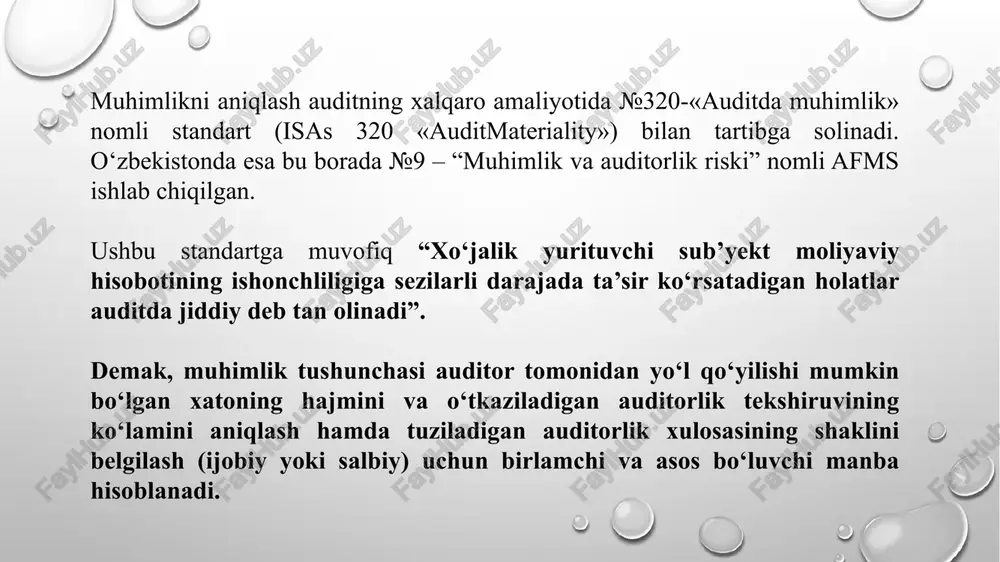 ‘yilgan va taxmin qilinayotgan kamchiliklar summasi muhimlik darajasidan ancha ko‘p bo‘lganida; xo‘jalik yurituvchi sub’yektning hisob yuritishi va moliyaviy hisobotni tuzishda tegishli me’yoriy hujjatlar talablaridan chetga chiqishlari auditorning professional fikriga ko‘ra jiddiy hisoblanganda. 3. auditor tekshirilayotgan moliyaviy hisobotda jiddiy xato – kamchiliklar mavjudligi to‘g‘risida xulosa qilish yoki qilmaslik haqida bir qarorga kelishi, yoxud agar quyidagi shartlardan bittasi bajarilsa, tegishli izohlarni auditorlik xulosasiga kiritish zarurligi haqida xulosa qilishi va mas’uliyatni o‘z zimmasiga olishi lozim: audit o‘tkazish chog‘ida moliyaviy hisobotdagi belgilab qo‘yilgan va taxmin qilinayotgan kamchiliklar muhimlik darajasidan yuqori yoki past, ammo umumiy miqdori bo‘yicha unga yaqin bo‘lganda; xo‘jalik yurituvchi sub’yektning hisob yuritish va moliyaviy hisobotni tayyorlash tartibida tegishli me’yoriy hujjatlar talablariga nisbatan tafovutlar mavjud bo‘lib, ammo bu tafovutlar jiddiy hisoblanmasligi muqarrar bo‘lganda. bunda vaziyatni aniqlashtirish maqsadida auditordan qo‘shimcha auditorlik amallarini bajarish talab qilinishi mumkin. №9 - «muhimlik va auditorlik riski» nomli afms ga muvofiq: auditorlik riski – bu auditorlik tekshiruvi natijalari bo‘yicha …