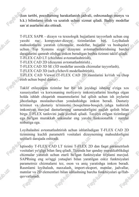 x cad 3d se tizimi t-flex cad 3d-da yaratilgan yoki boshqa tizimlardan import qilingan 3d modellari uchun chizilgan hujjatlarni tayyorlash xarajatlarini minimallashtirishga imkon beradi. bepul t-flex cad viewer dasturi t-flex sapr tizimida tayyorlangan ikki o'lchovli rasmlarni ko'rish va bosib chiqarish uchun mo'ljallangan. t-flex sapr tizimining foydalanuvchilari o'zlarining dizayn va texnologik hujjatlarini elektron shaklda boshqa dasturlar bilan ishlaydigan sheriklarga o'tkazishlari mumkin. t-flex cad viewer-dan t-flex sapr chizmalarini ko'rish uchun texnik hujjatlarni boshqarish tizimlarida ham foydalanish mumkin. t-flex sapr tizimlarining asosiy xususiyatlari: do'stona parametrlash vositalari poydevor hisoblanadi ilg'or texnologiyalar t-flex sapr. shunga o'xshash sapr tizimlaridan farqli o'laroq, t-flex cad-da parametrli modellarni yaratish uchun dasturiy ko'nikmalar talab qilinmaydi, chunki dizayner oddiy o'zgaruvchilar va funktsiyalar bilan shug'ullanadi. t-flex cad-ning parametrli aloqalari loyihaning animatsiyasini oson va tabiiy holga keltiradi, dizayner va kinematik tahlil tomonidan yaratilgan strukturaning harakatini ko'rish qobiliyatini ta'minlaydi; optimallashtirish - bu geometriyani qo'lda sozlamasdan, mahsulotning eng yaxshi parametrlarini tanlashga imkon beradigan kuchli dizayn …