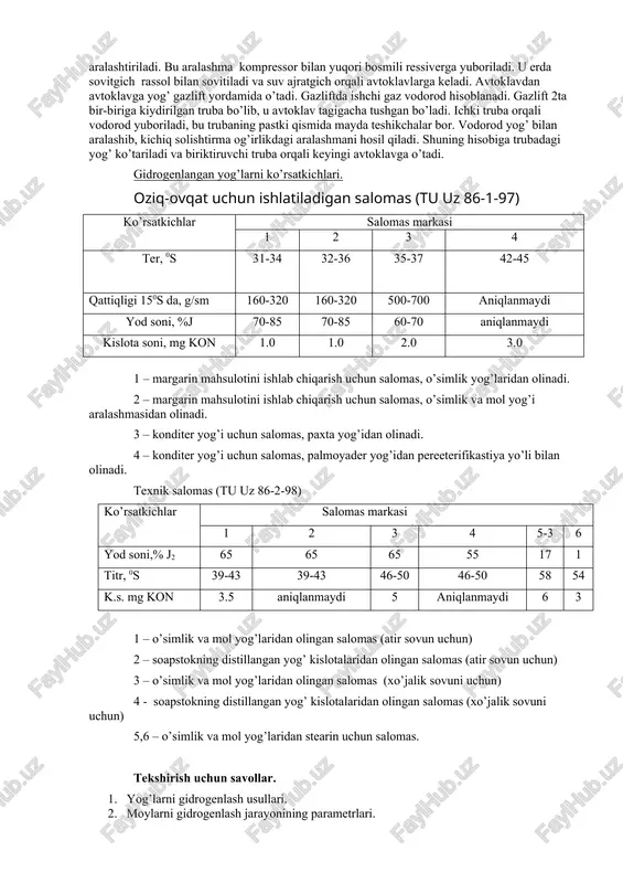 deyiladi. sanoatda katalizatorni olish uchun konstentrastiyasi 35 g/l bo’lgan ni : cu = 3:1 yoki 1:1 nisbatda bo’lgan ni va cu sulfat eritmasi tayyorlanadi. eritmaga 40-450s xaroratda 20-30 % ortiqcha miqdorda sodaning 10 % li eritmasi qo’shiladi. niso4 + na2co3 nico3 + na2so4 cuso4 + na2co3 cuco3 + na2so4 cho’kmani filtrlab, filtrda soda va sulfatlardan yuviladi. keyin cho’kmani 1200s temperaturada quritiladi va maydalanadi. ni – cu katalizator oson qaytariladi (200-2200s). ishqor bilan ishlangandan so’ng, a1ni erishi natijasida, qotishma yuzasi aktiv bo’lib, qoladi. ishqor bilan yuvilgan qotishma kondensat bilan neytral reakstiyagacha keyin quritiladi, temperatura 1600s gacha ko’tarilib turiladi. vodorod ishlab chiqarish. vodorod ishlab chiqarishni bir qancha usullari ma’lum. shulardan gidrolizlarda quyidagilar ishlatiladi. 1.temir-bug’ usuli (kontaktli) 2.tabiiy gaz konversiyalash usuli 3.elektrolitik usul. keng qo’llanayotgan bu elektroliz usulida vodorod ishlab chiqarish : suv eritmani elektrolitga tushirilgan 2 ta elektrod (katod, anod) elektrolitik yacheykani vujudga keltiradi. bunda elektrodlarda elektroqimyoviy reakstiya yuz beradi. elektroliz vaqtida …