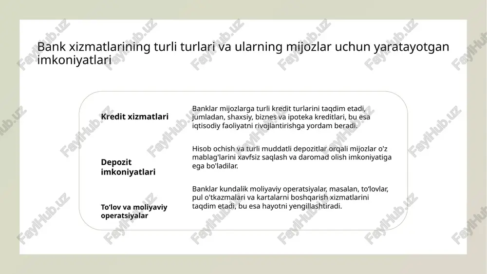 oliyaviy operatsiyalar banklarning kundalik ish jarayonining ajralmas qismidir. ular nafaqat mijozlar ehtiyojlarini qondirish, balki iqtisodiy rivojlanishni ta’minlaydi. xulosa bank xizmatlari iqtisodiy rivojlanish asosidir bank xizmatlari iqtisodiy muvozanatni ta'minlab, investitsiyalarni rag'batlantiradi, yangi imkoniyatlar yaratarak mamlakat iqtisodiyotining barqarorligini mustahkamlaydi. mijozlar uchun keng imkoniyatlar taqdim etadi banklar kredit, depozit va to‘lov xizmatlari bilan mijozlarning ehtiyojlarini qondiradi, iqtisodiy faoliyatni rivojlantirishga yordam beradi, hayotni yengillashtiradi. iqtisodiy barqarorlik va rivojlanishni qo‘llab-quvvatlaydi bank xizmatlari moliyaviy barqarorlikni saqlashda muhim rol o‘ynaydi, xavf-xatarlarni boshqaradi va mamlakatning uzoq muddatli rivojlanishini ta’minlaydi. foydalanilgan adabiyotlar 1. islomov, a. b. (2018). bank xizmatlarining turlari va ularning iqtisodiy ahamiyati. bank va moliya jurnali, 12(3), 45-53. 2. karimov, s. s. (2020). mijozlarga xizmat ko'rsatish va banklar faoliyatining asosiy yo'nalishlari. o'zbekiston banklari va moliya, 7(2), 78-85. 3. yusufov, m. m. (2019). qarz berish, depozitlar va moliyaviy operatsiyalar: roli va muhimligi. moliyaviy nazariya va amaliyot, 15(4), 33-41. 4. tursunov, d. d. (2021). bank xizmatlarining innovatsion shakllari va …
